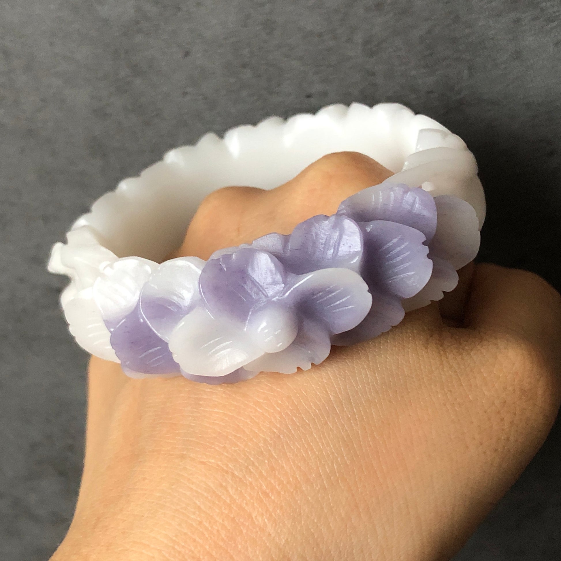 58.1mm Custom Size Natural SheTaiCui Jade (Quartzite) Hand Carved Flower Bangle | Purple & White | Crystal Bracelet | Gemstone Jewellery