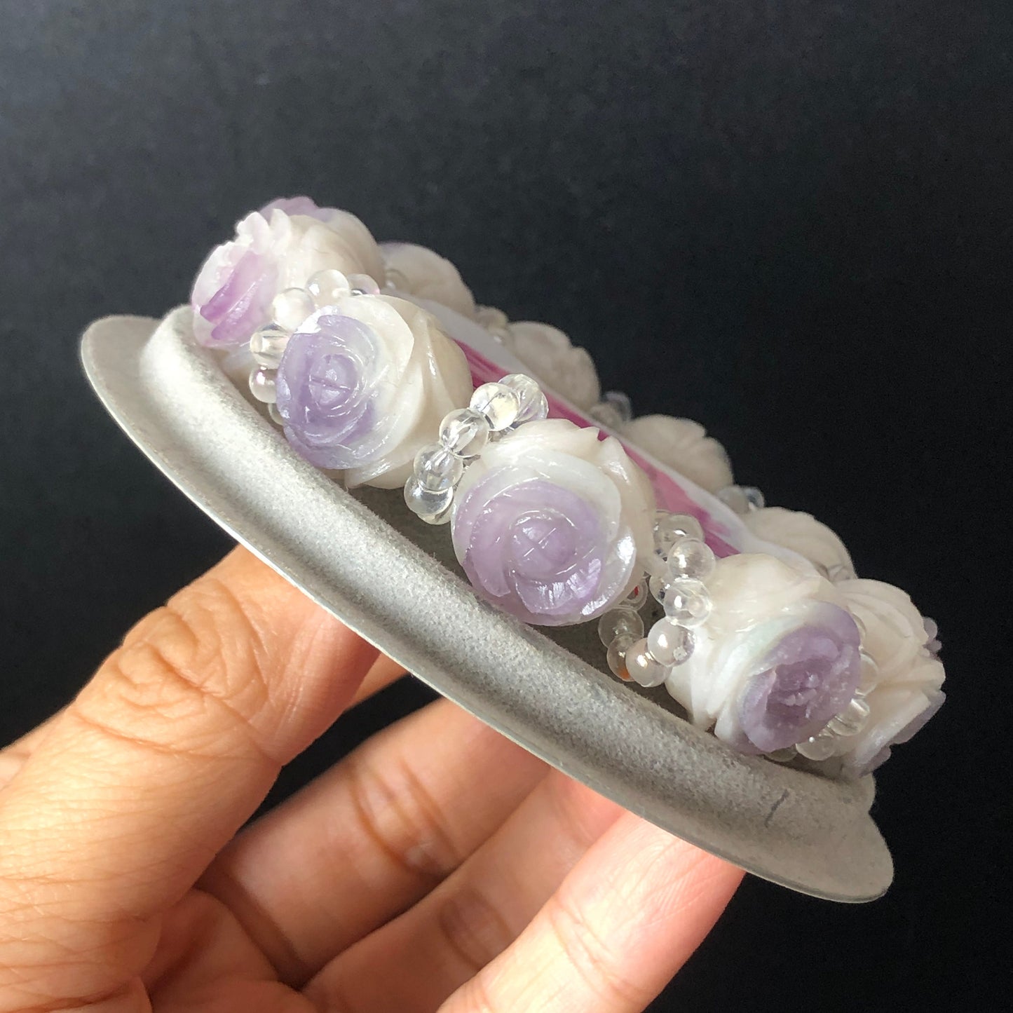 Unpolished natural SheTaiCui Jade (Quartzite) carved Purple and White Rose crystal charms Bracelet | Romantic & Elegant | personalized gift