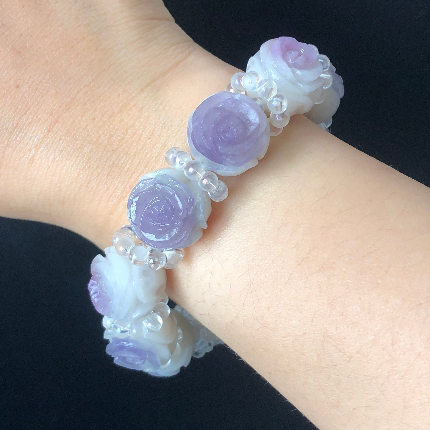 Unpolished natural SheTaiCui Jade (Quartzite) carved Purple and White Rose crystal charms Bracelet | Romantic & Elegant | personalized gift