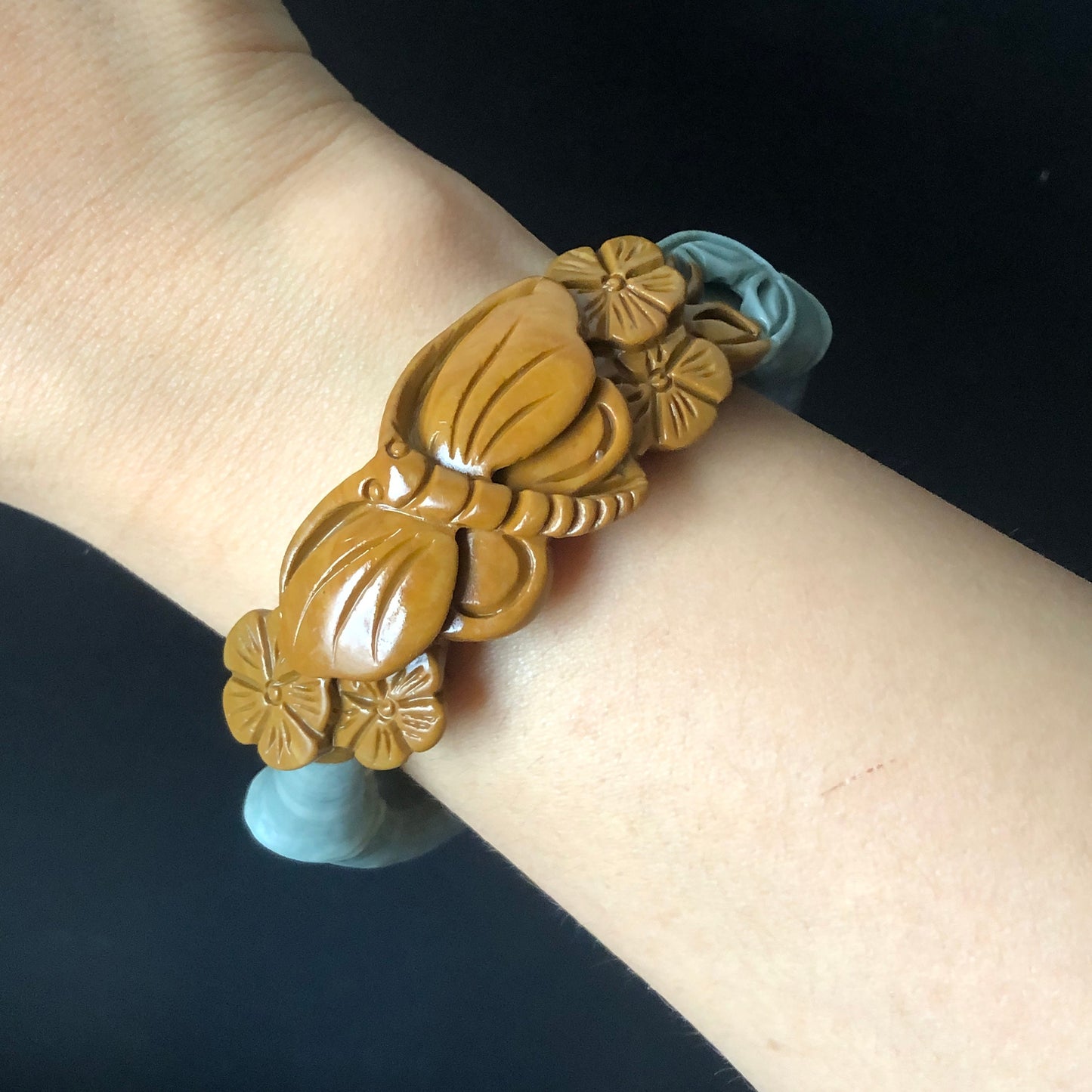 55.8mm Natural Carved NiShi Jade Butterfly Flower Bamboo Coin Bangle | Green Blue, Brown | Argillaceous Rocks | Stone Crystal