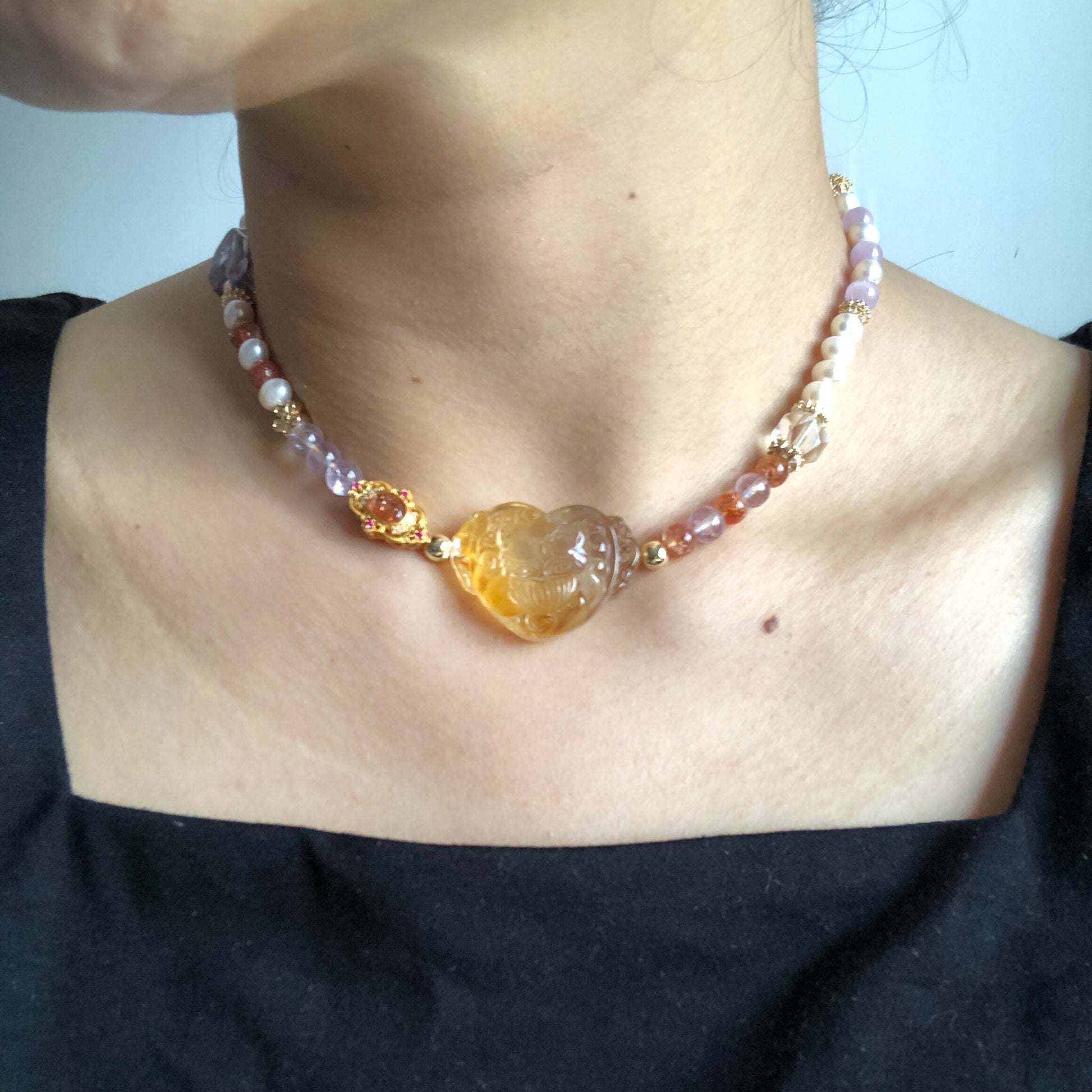 Rainbow Carved Yellow Hematoid Nine-tailed Fox 2 way Necklace Choker and Bracelet | Sunstone, Amethyst, Kunzite, Clear Quartz, Pearl