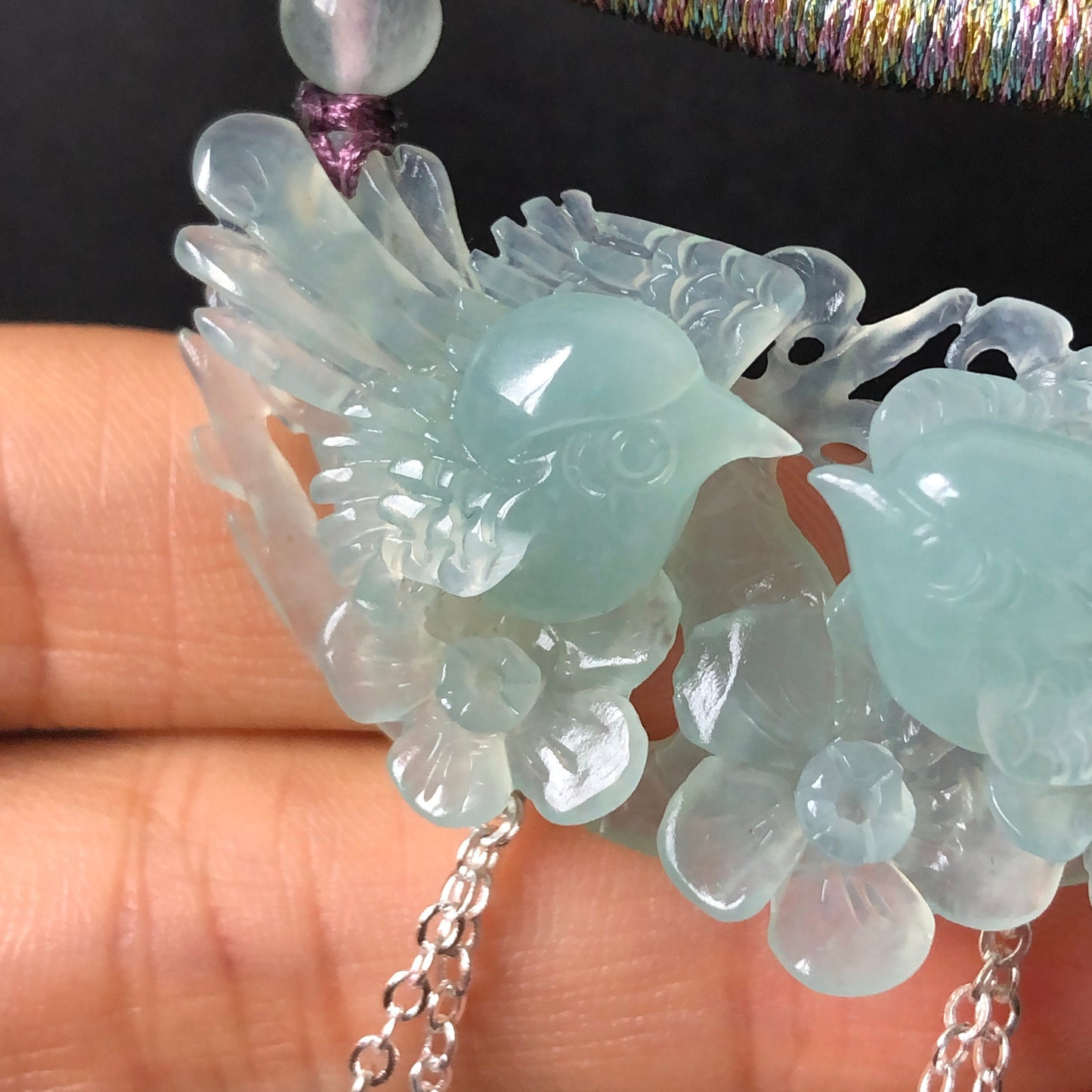 Natural Xiu Jade ( Serpentine ) Hand Carved Magpie Birds and Flower Pendant Necklace | Icy Milky Blue | Good Luck Charm | Crystal Gemstone