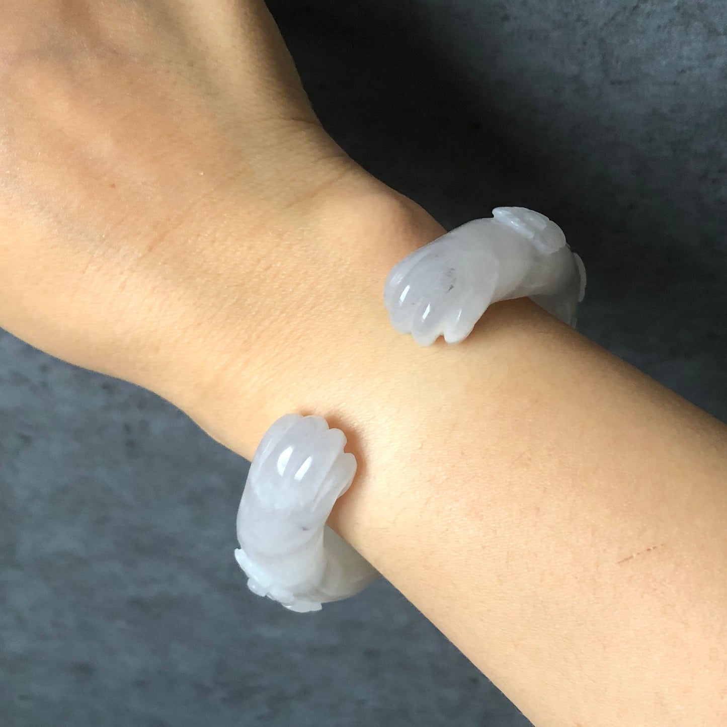 57mm Custom Size Natural SheTaiCui Jade (Quartzite) Hand Carved Cat Kitten Ear with Paw Bangle | Icy White Grey | Crystal Bracelet