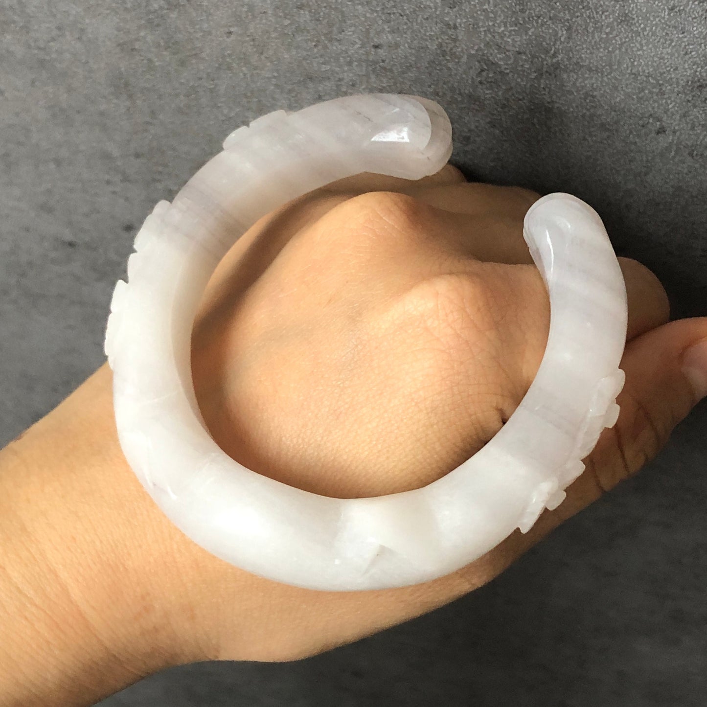 57mm Custom Size Natural SheTaiCui Jade (Quartzite) Hand Carved Cat Kitten Ear with Paw Bangle | Icy White Grey | Crystal Bracelet