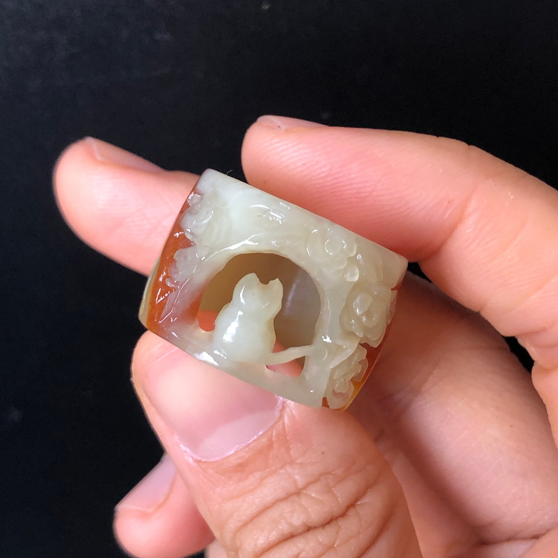 Natural Serpentine Xiu Jade Hand Craved Kitten Cat Rose Flowers Hollow Out Ring | 17.7mm size (US 7-7.5) | Stone Crystal Gemstone