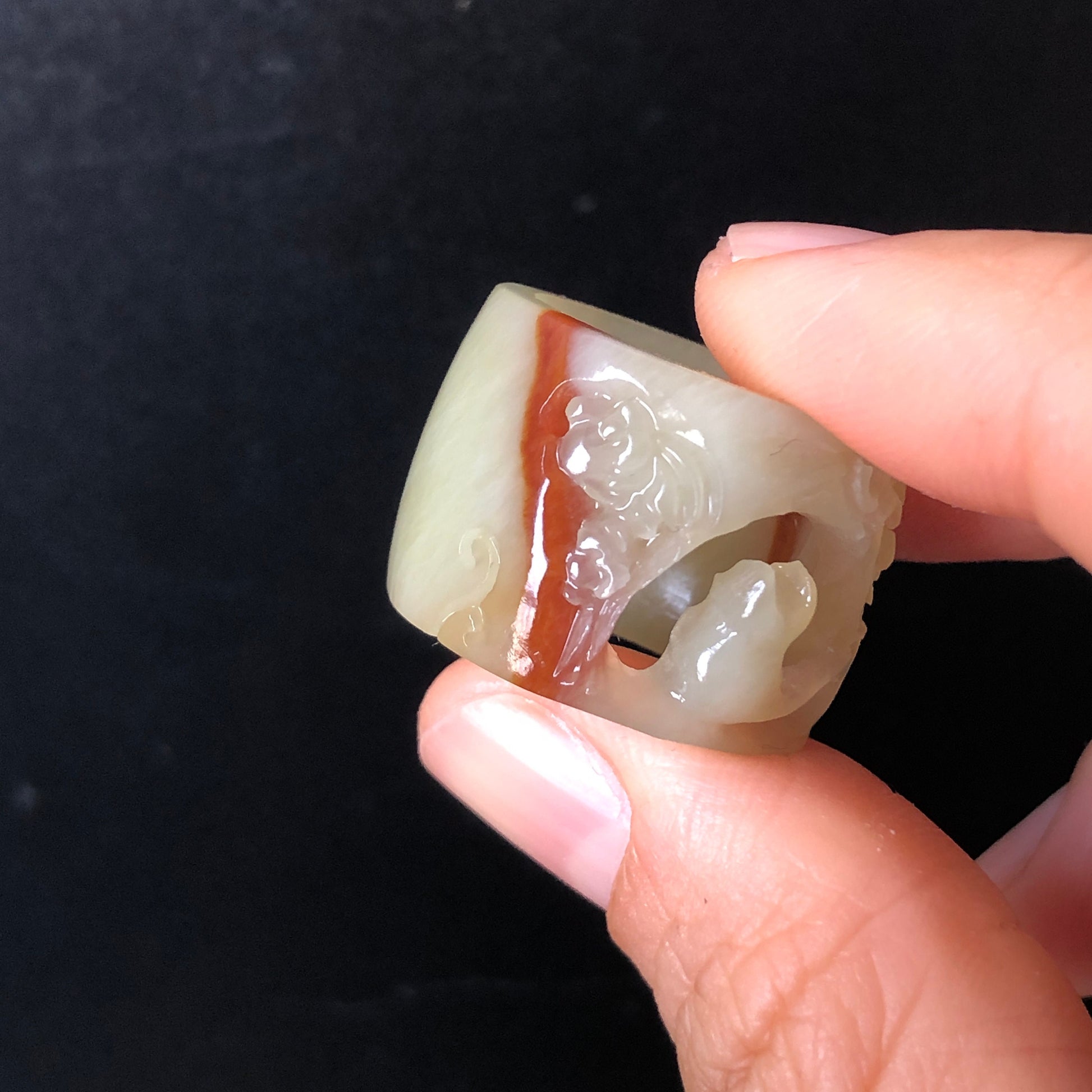 Natural Serpentine Xiu Jade Hand Craved Kitten Cat Rose Flowers Hollow Out Ring | 17.7mm size (US 7-7.5) | Stone Crystal Gemstone