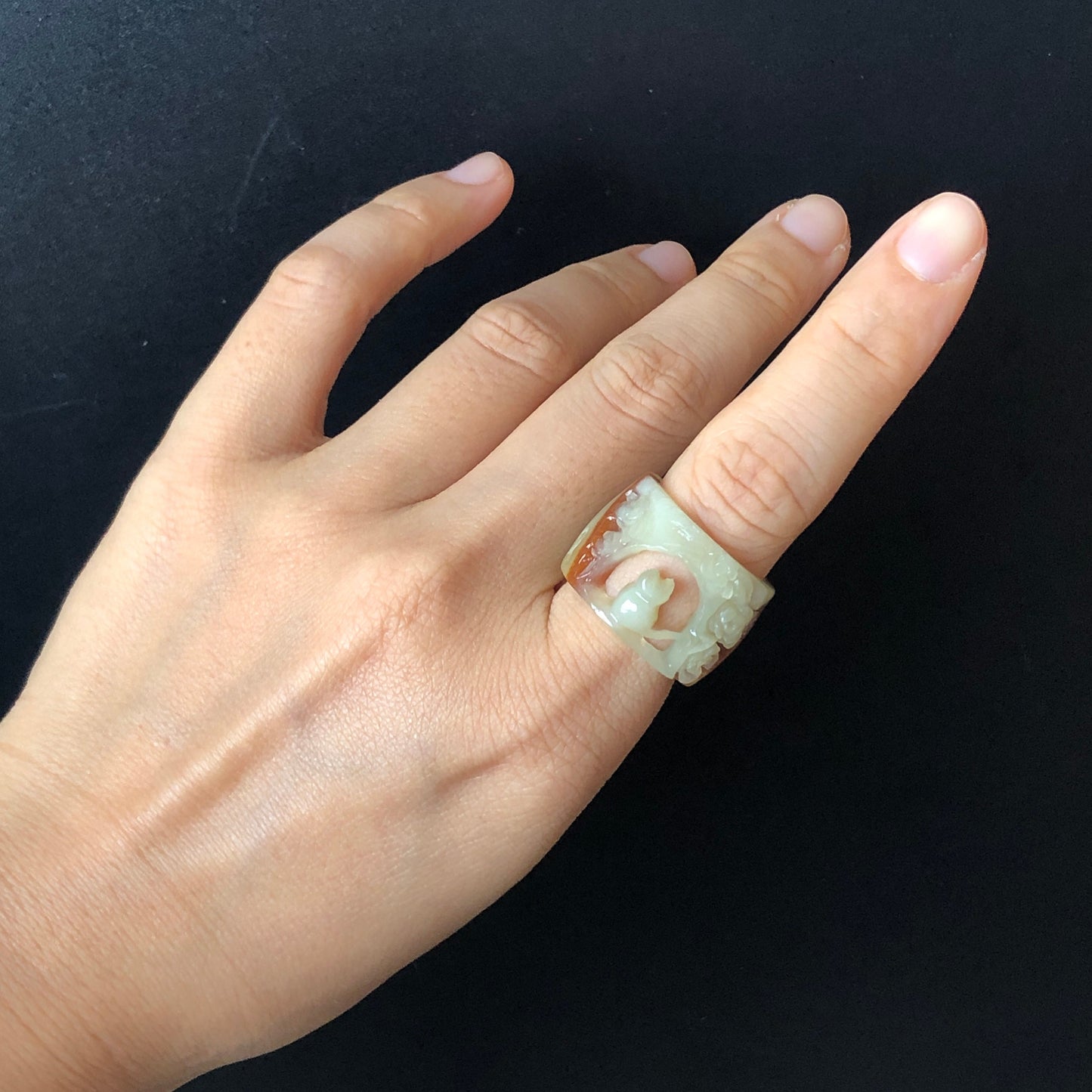 Natural Serpentine Xiu Jade Hand Craved Kitten Cat Rose Flowers Hollow Out Ring | 17.7mm size (US 7-7.5) | Stone Crystal Gemstone