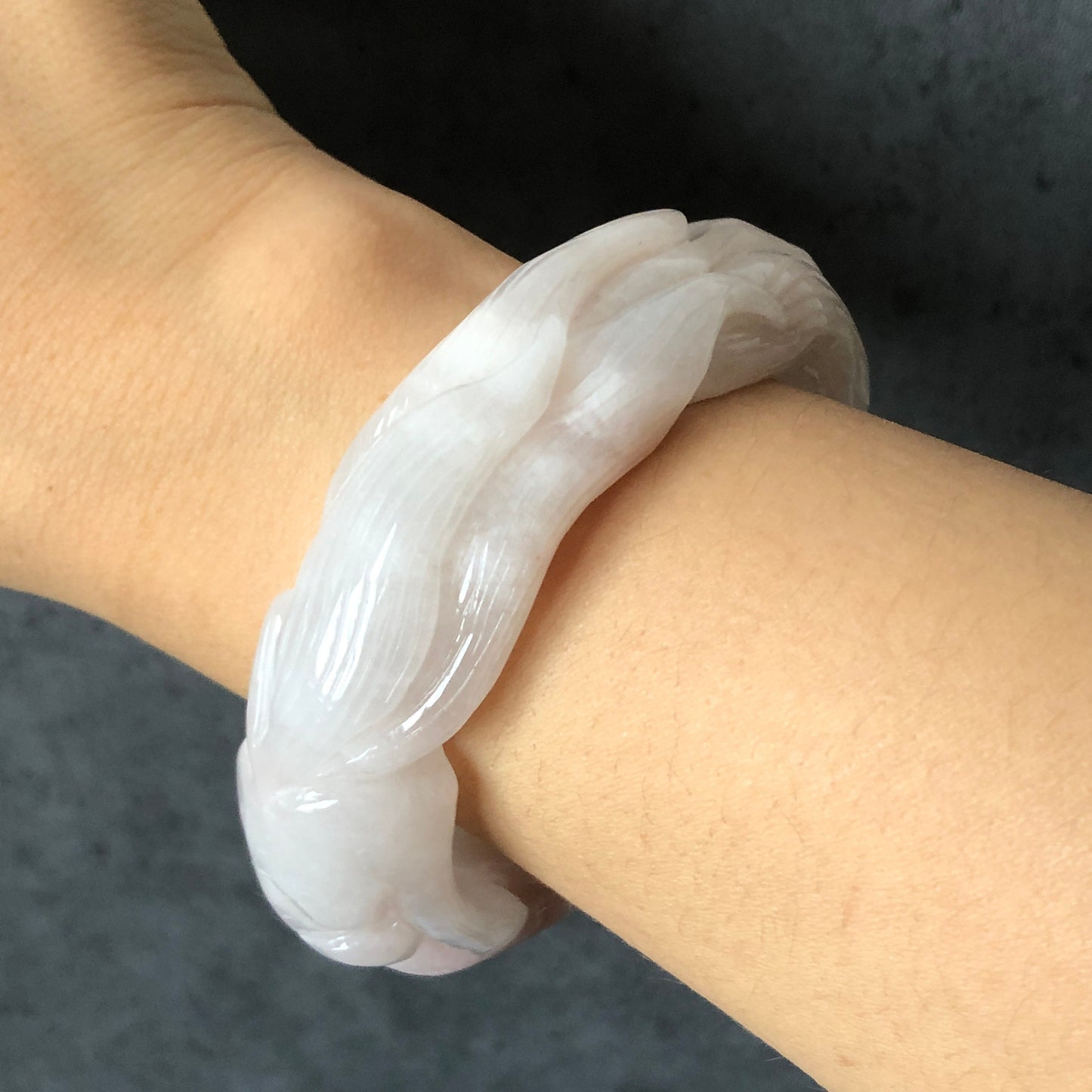 58.1mm Natural SheTaiCui Jade (Quartzite) Hand Carved Nine-tailed Fox Flower Bangle | Icy Milky White Pink | Romantic Elegant | Crystal