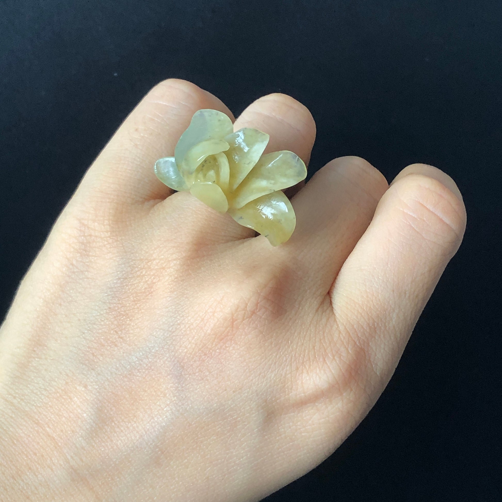 Natural Xiu Jade Serpentine Hand Craved Flower Blooming Yulan Ring | 16.2mm (US 5.5-6) | Yellow & Green | Crystal Stone Gemstone Ring