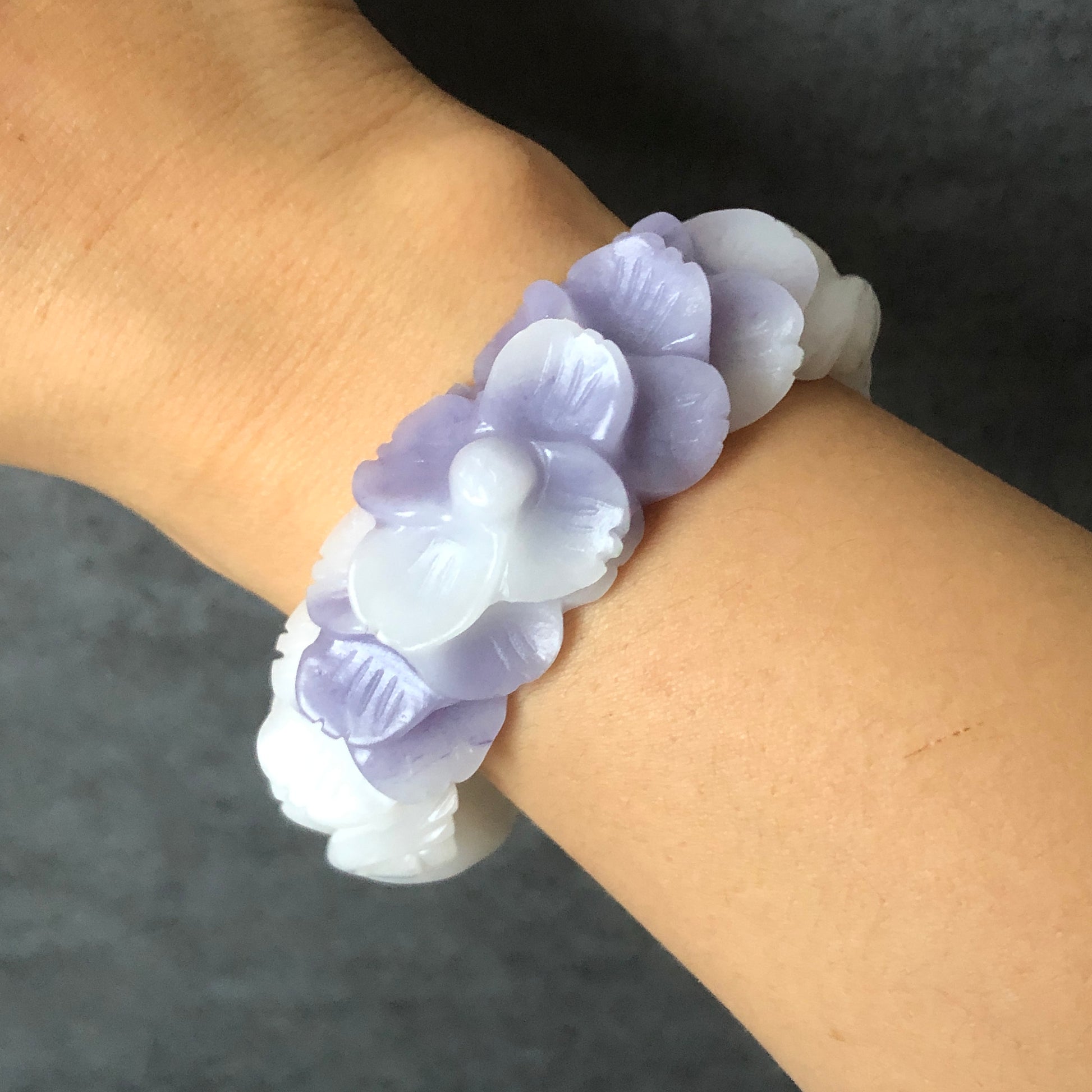 58.1mm Custom Size Natural SheTaiCui Jade (Quartzite) Hand Carved Flower Bangle | Purple & White | Crystal Bracelet | Gemstone Jewellery