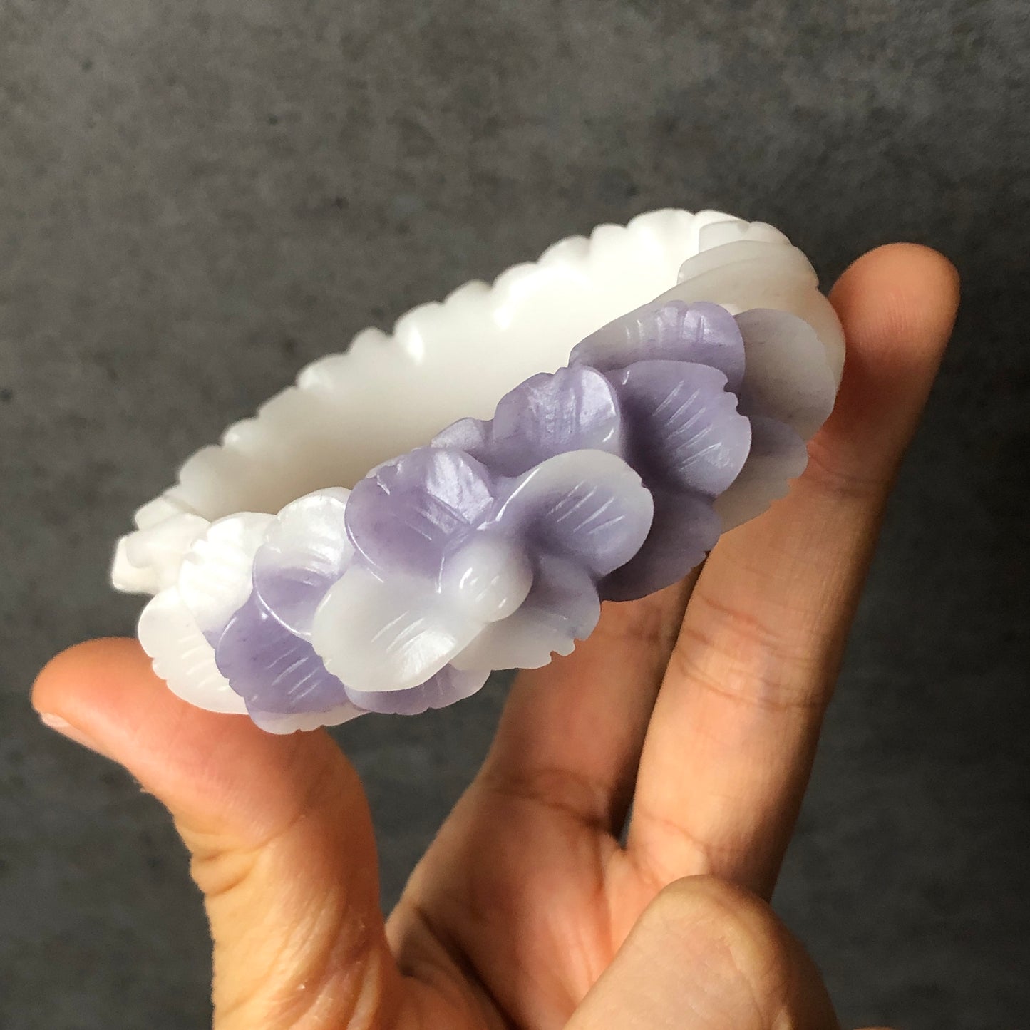 58.1mm Custom Size Natural SheTaiCui Jade (Quartzite) Hand Carved Flower Bangle | Purple & White | Crystal Bracelet | Gemstone Jewellery