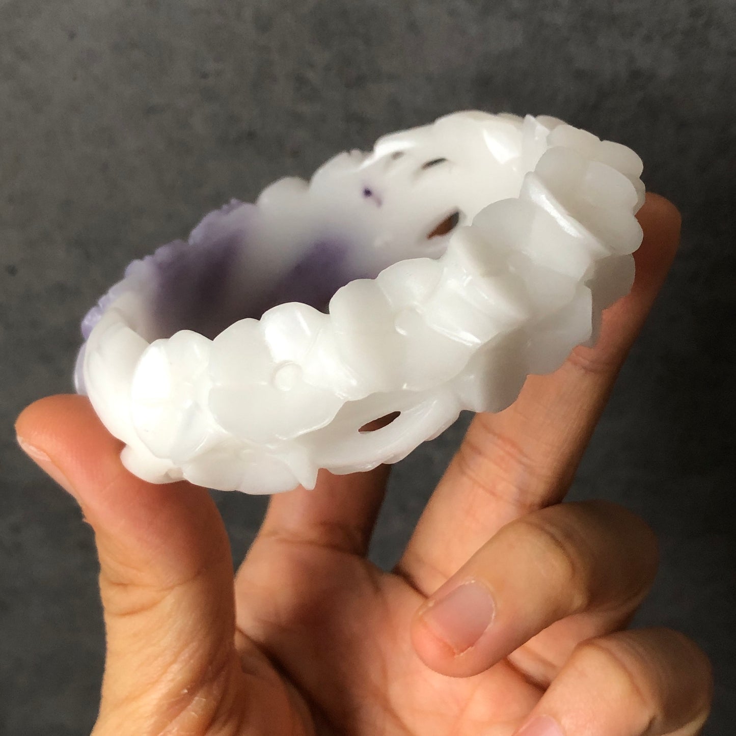 58.1mm Custom Size Natural SheTaiCui Jade (Quartzite) Hand Carved Flower Bangle | Purple & White | Crystal Bracelet | Gemstone Jewellery