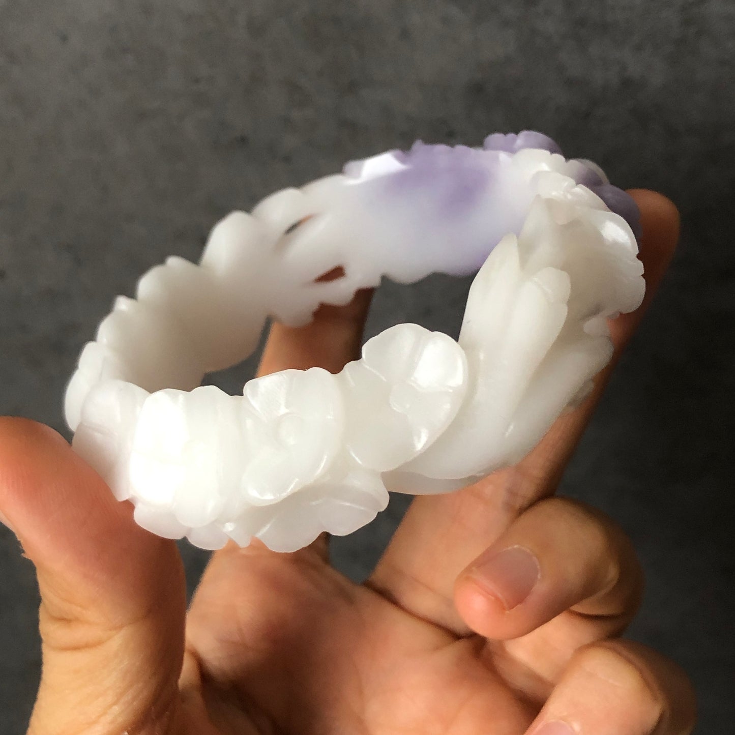 58.1mm Custom Size Natural SheTaiCui Jade (Quartzite) Hand Carved Flower Bangle | Purple & White | Crystal Bracelet | Gemstone Jewellery