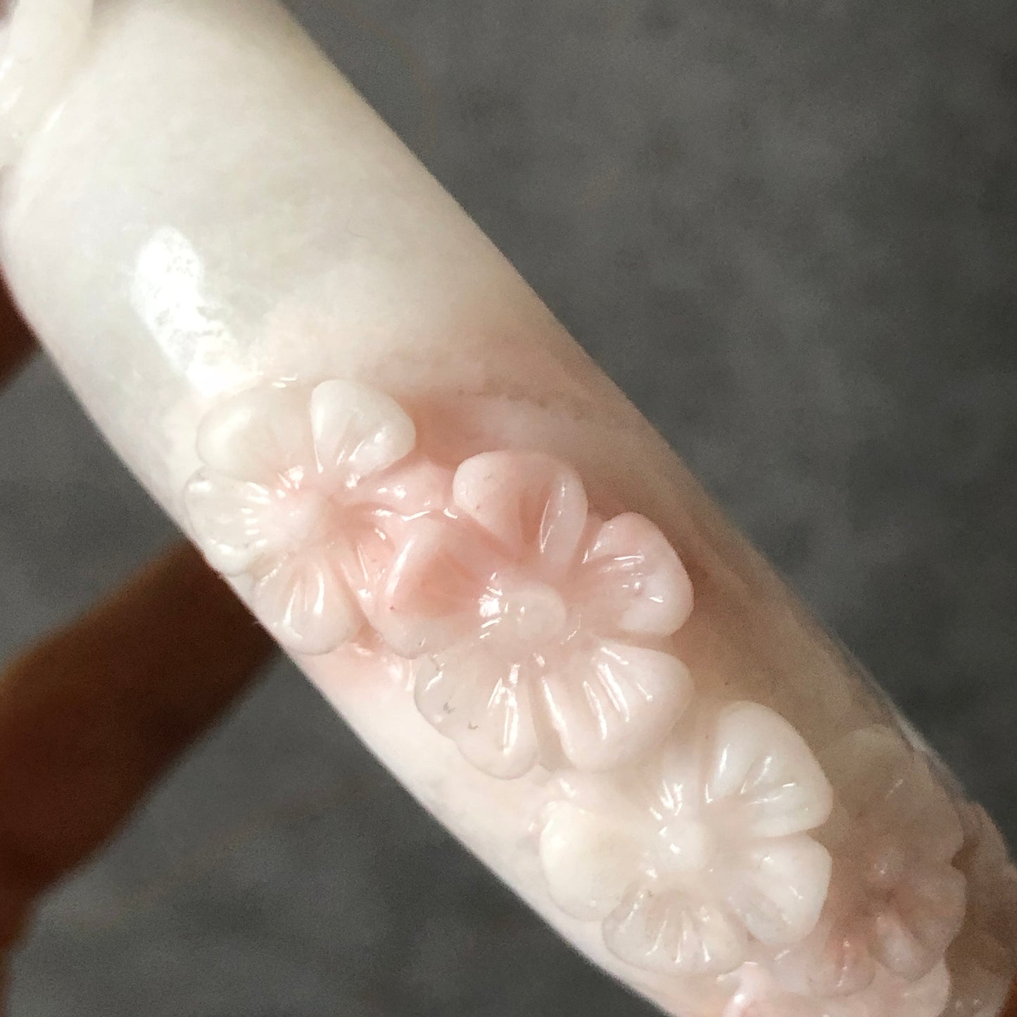 57.8mm Natural SheTaicui jade (Quartzite) Carved Flowers Bangle | Icy Milky Faint Pink | Crystal Gemstone Jewellery Bracelet | Fine Snow