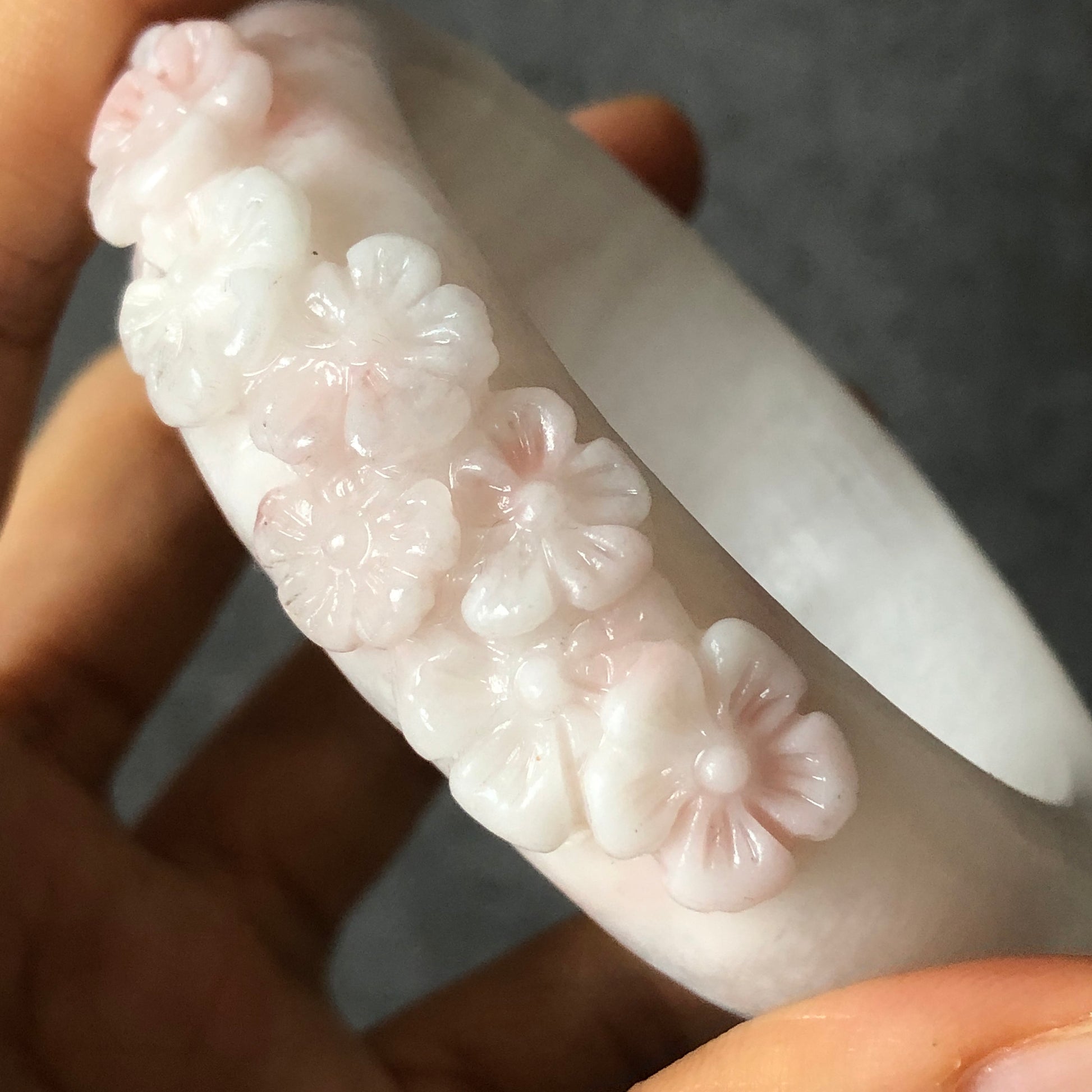 57.8mm Natural SheTaicui jade (Quartzite) Carved Flowers Bangle | Icy Milky Faint Pink | Crystal Gemstone Jewellery Bracelet | Fine Snow