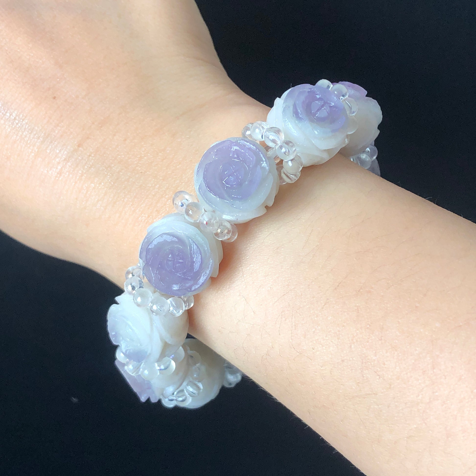 Unpolished natural SheTaiCui Jade (Quartzite) carved Purple and White Rose crystal charms Bracelet | Romantic & Elegant | personalized gift