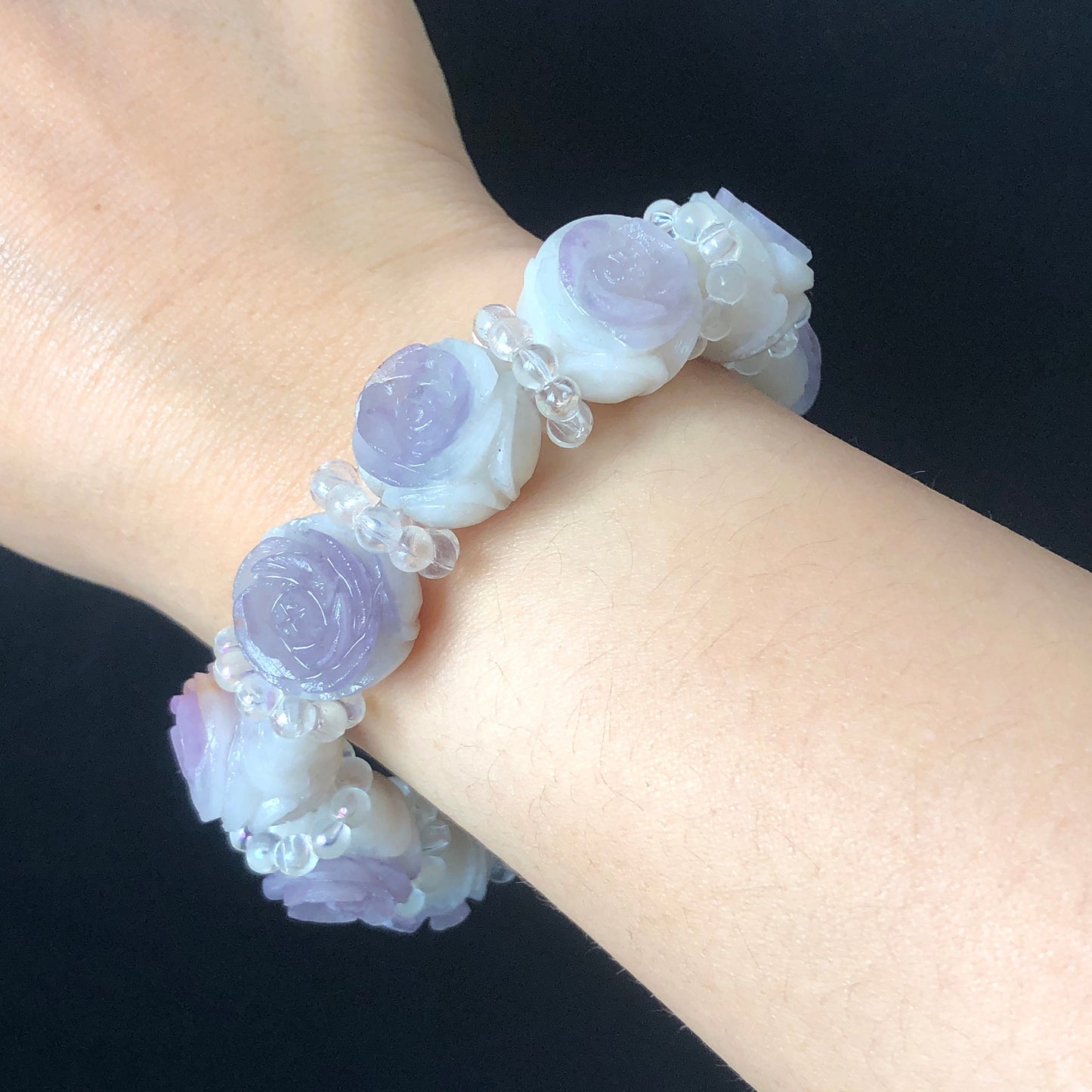 Unpolished natural SheTaiCui Jade (Quartzite) carved Purple and White Rose crystal charms Bracelet | Romantic & Elegant | personalized gift