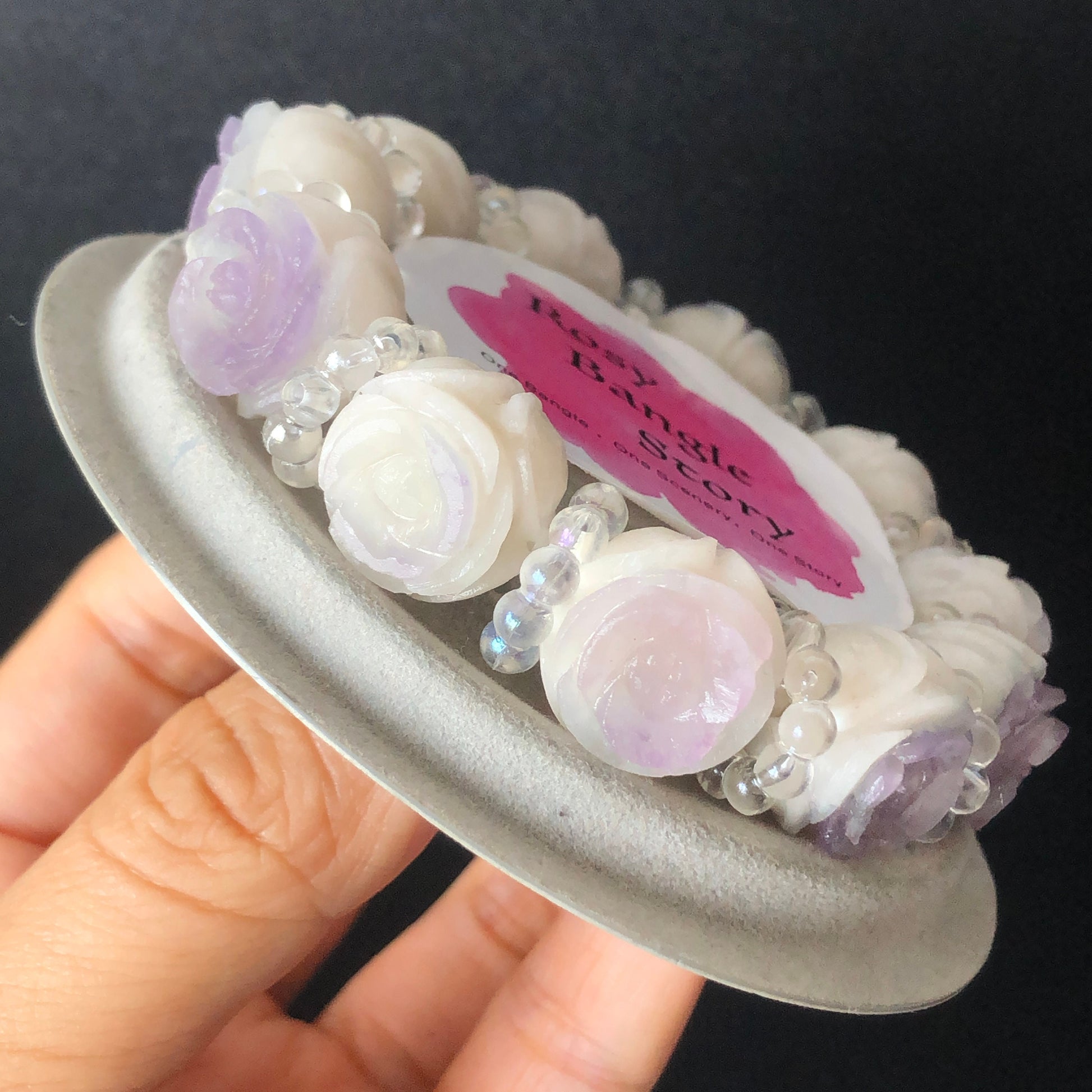 Unpolished natural SheTaiCui Jade (Quartzite) carved Purple and White Rose crystal charms Bracelet | Romantic & Elegant | personalized gift