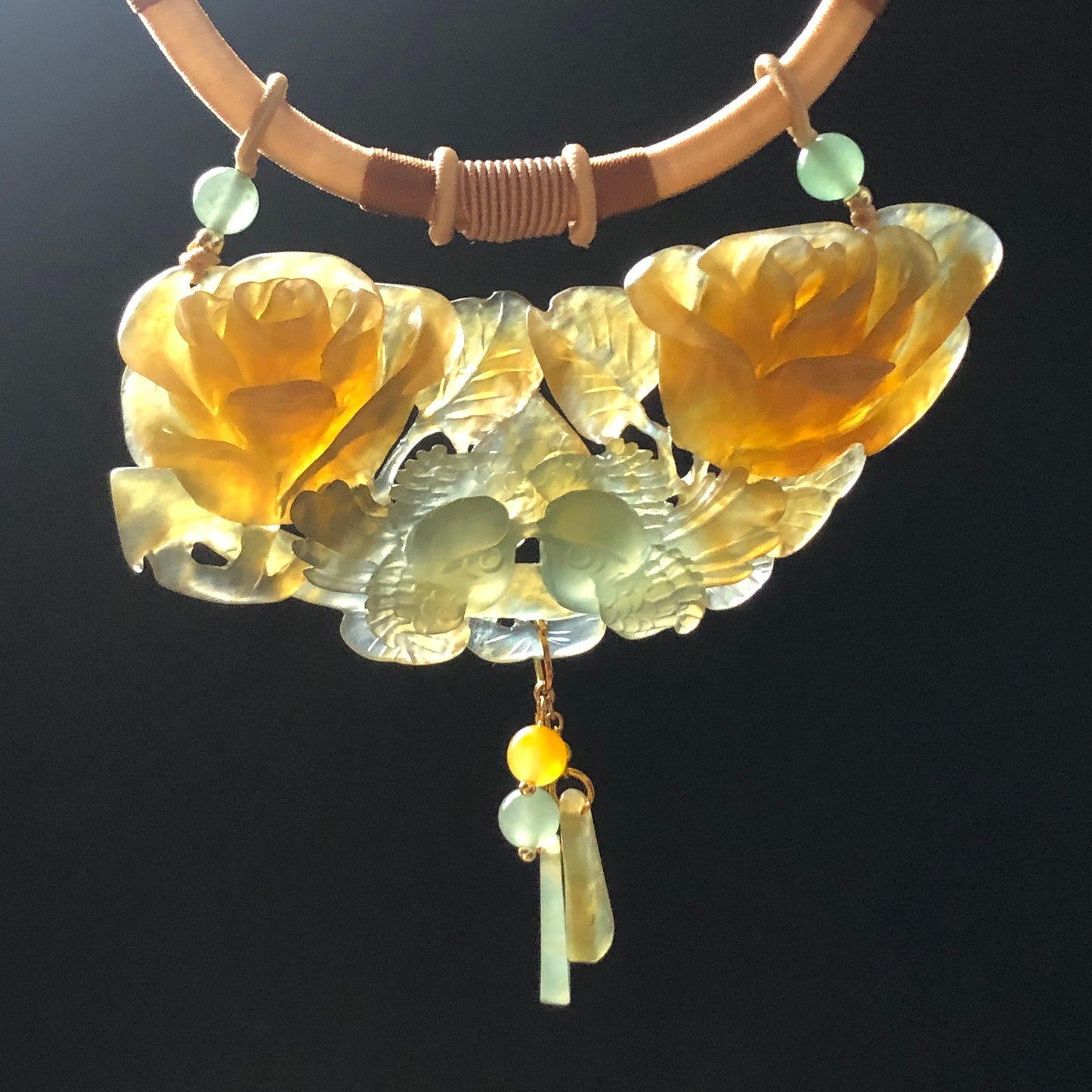 Natural Xiu Jade (Serpentine) Hand Carved Magpie Birds and Rose Flower Pendant Necklace | Icy Green Yellow | Fortune & Happiness | Crystal