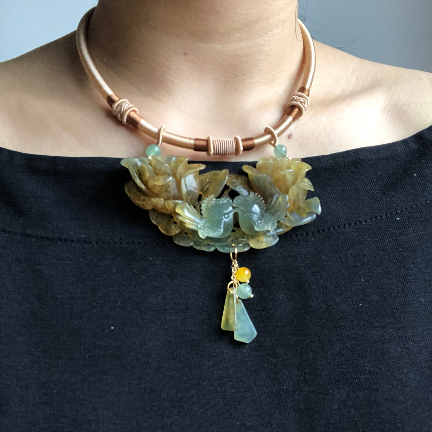 Natural Xiu Jade (Serpentine) Hand Carved Magpie Birds and Rose Flower Pendant Necklace | Icy Green Yellow | Fortune & Happiness | Crystal