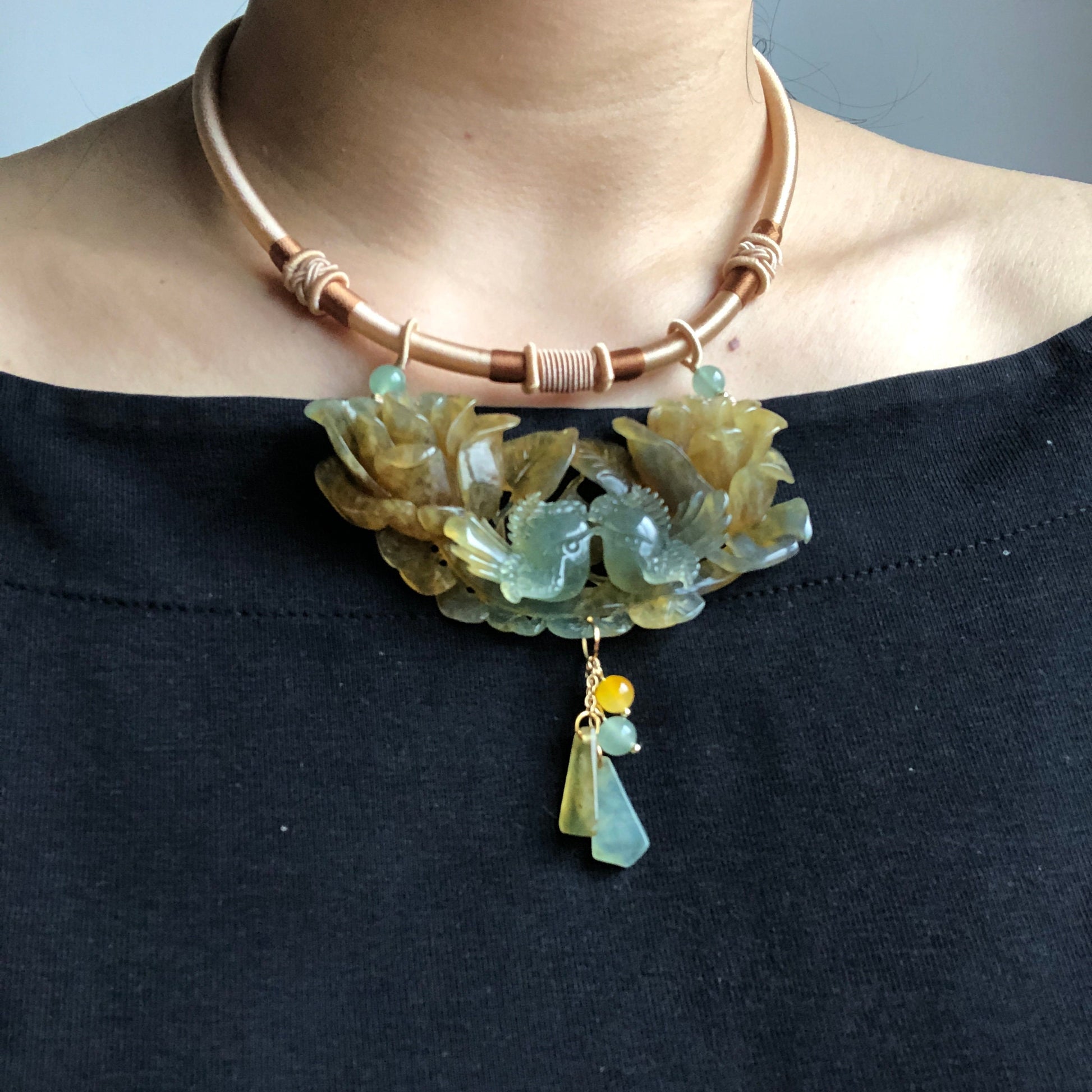 Natural Xiu Jade (Serpentine) Hand Carved Magpie Birds and Rose Flower Pendant Necklace | Icy Green Yellow | Fortune & Happiness | Crystal