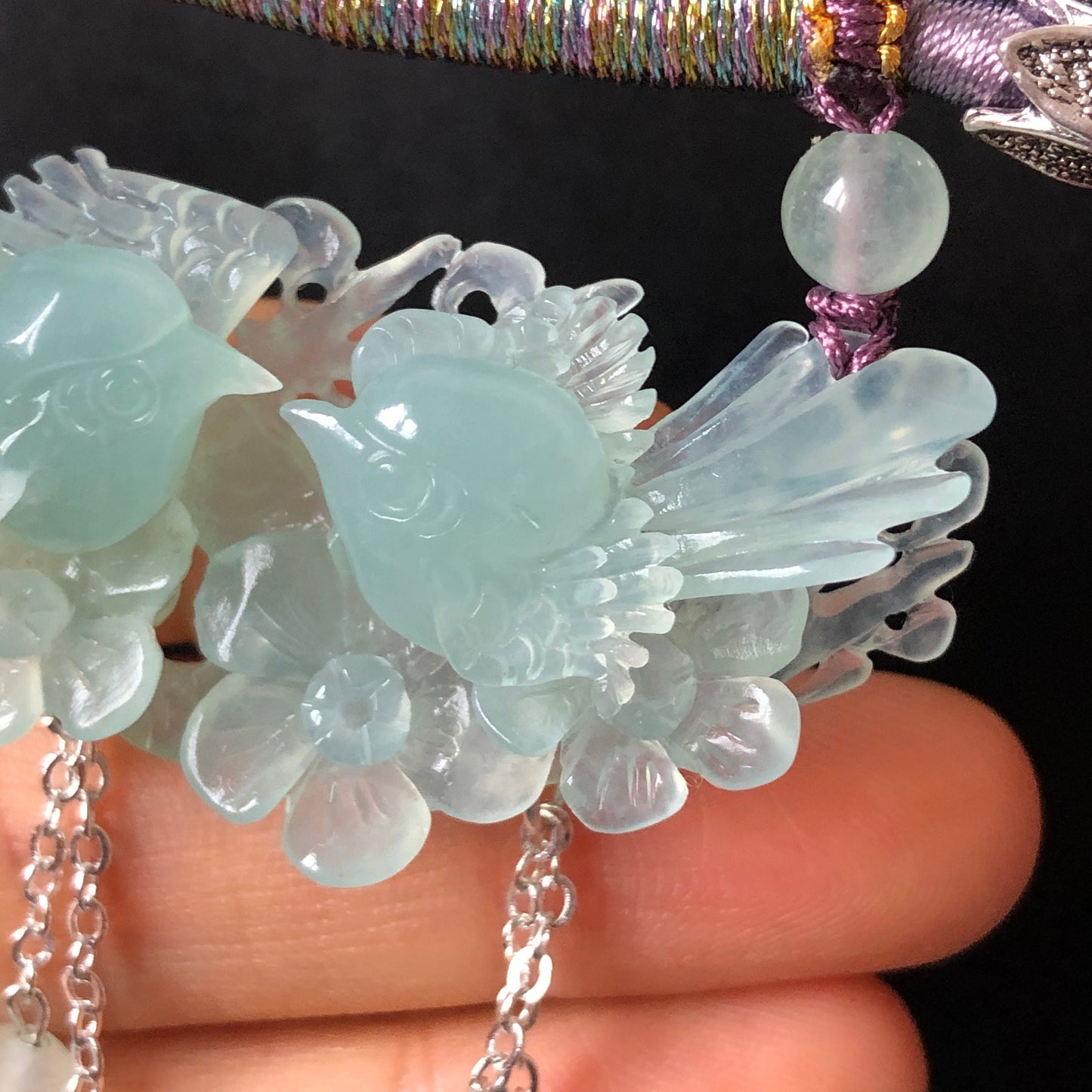 Natural Xiu Jade ( Serpentine ) Hand Carved Magpie Birds and Flower Pendant Necklace | Icy Milky Blue | Good Luck Charm | Crystal Gemstone