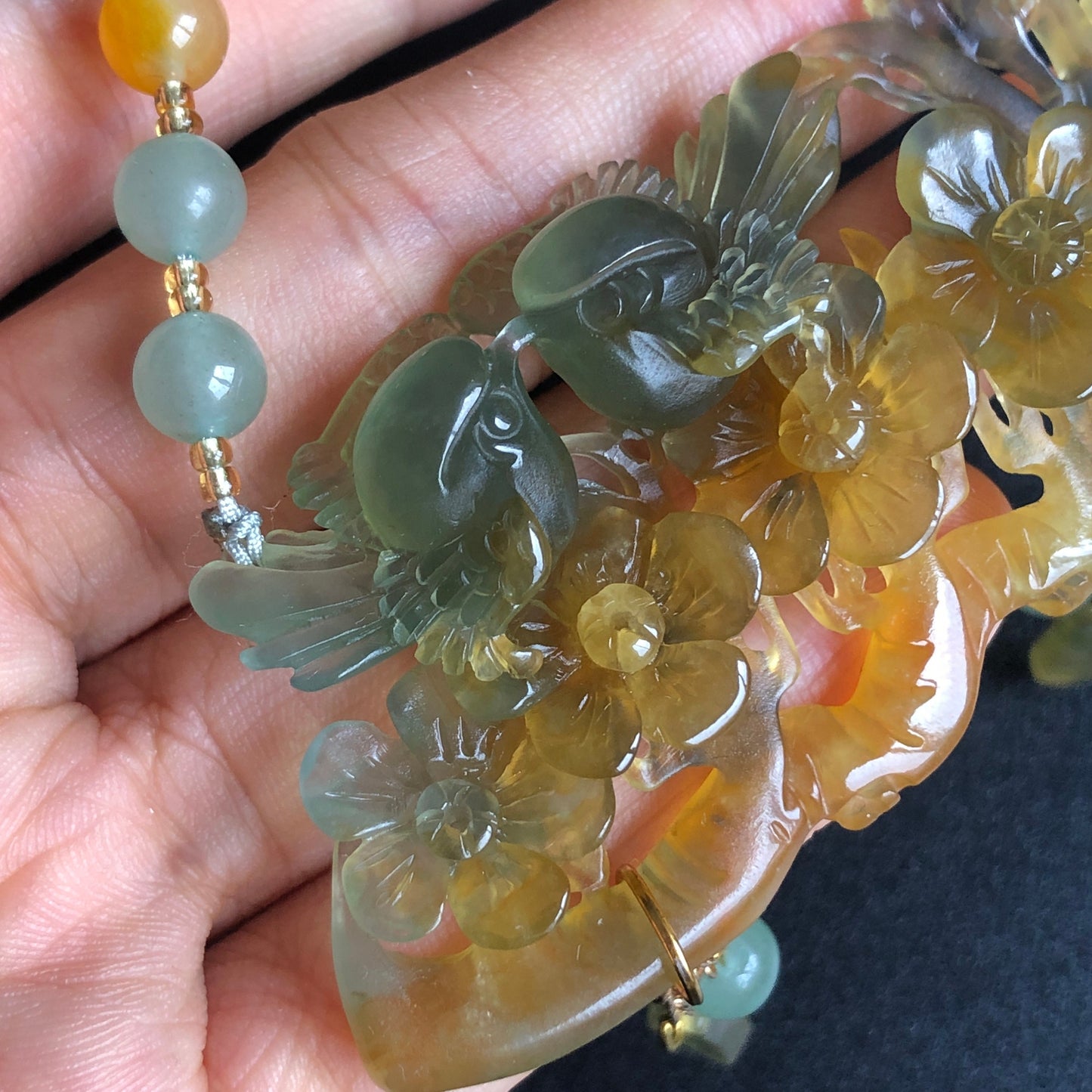 Natural Xiu Jade ( Serpentine ) Hand Carved Magpie Birds and Flower Pendant Adjustable Necklace Choker | Icy Yellow Green | Good Luck Charm