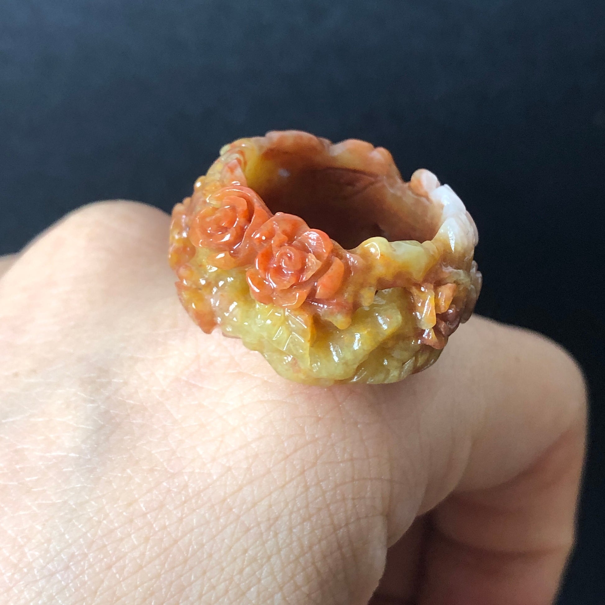 Natural Serpentine Xiu Jade Hand Craved Rose Flowers Stone Crystal Ring | Multi-colour Red Pink Yellow Orange | 16.3mm (US 5.5-6)