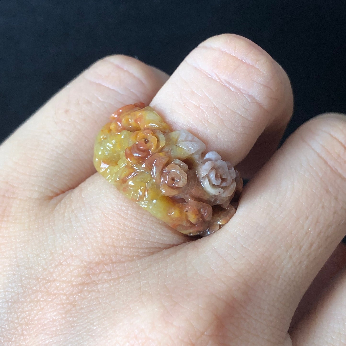 Natural Serpentine Xiu Jade Hand Craved Rose Flowers Stone Crystal Ring | Multi-colour Red Pink Yellow Orange | 16.3mm (US 5.5-6)