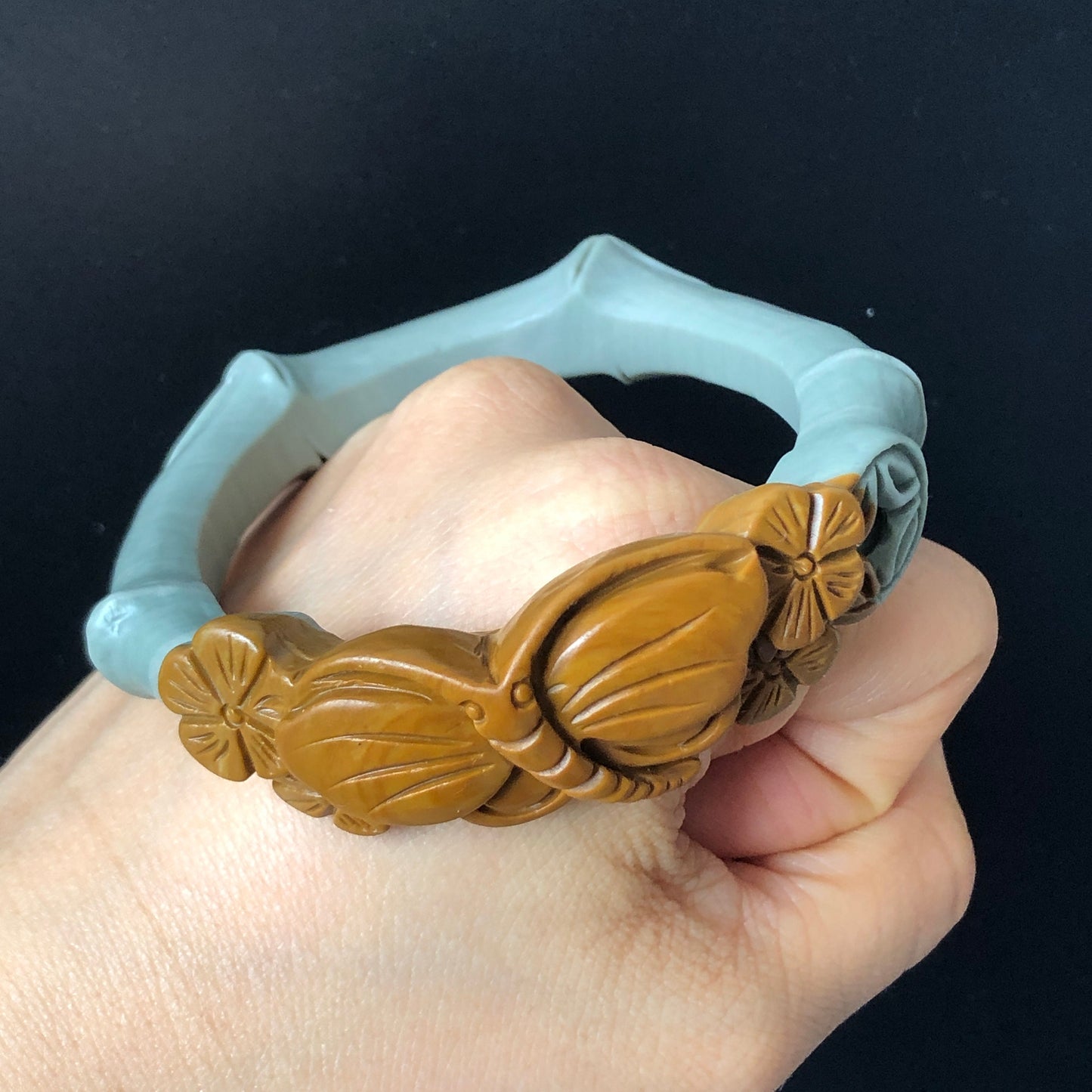 55.8mm Natural Carved NiShi Jade Butterfly Flower Bamboo Coin Bangle | Green Blue, Brown | Argillaceous Rocks | Stone Crystal