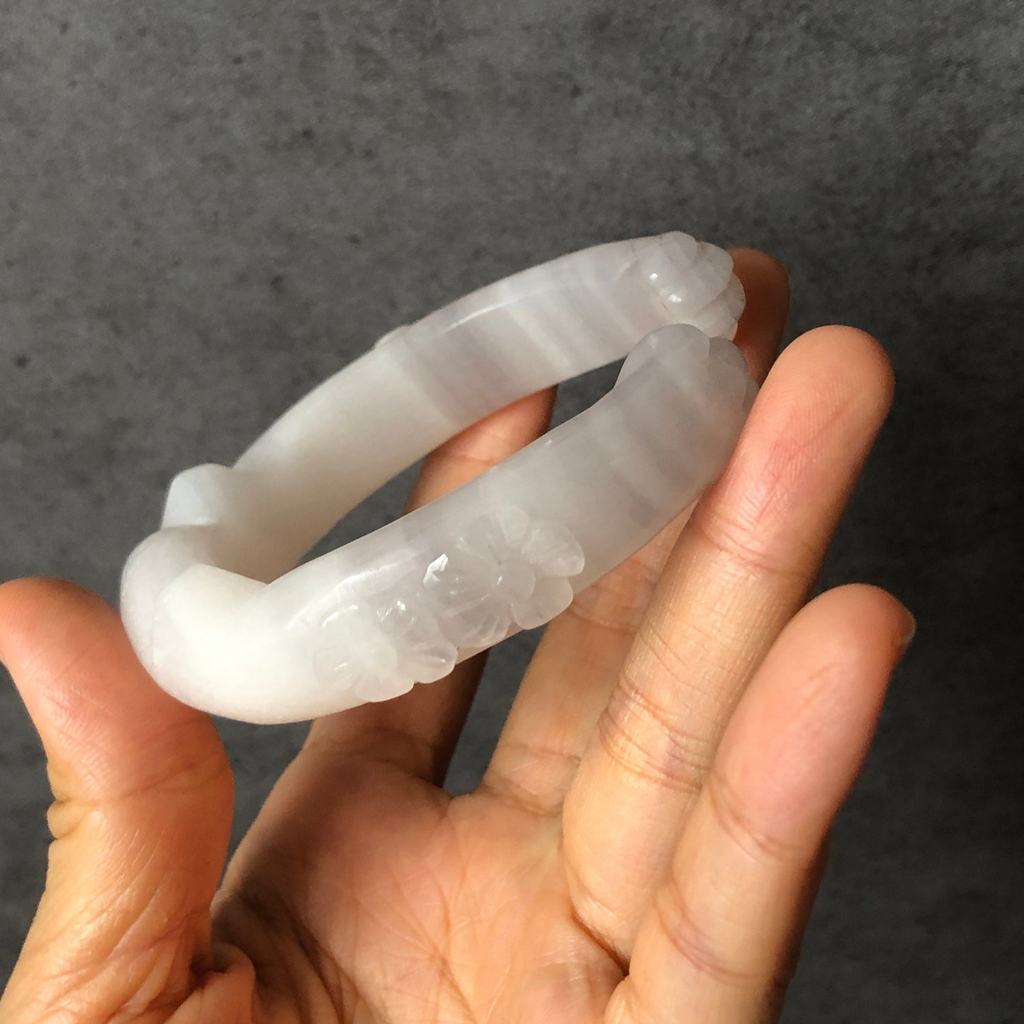 57mm Custom Size Natural SheTaiCui Jade (Quartzite) Hand Carved Cat Kitten Ear with Paw Bangle | Icy White Grey | Crystal Bracelet