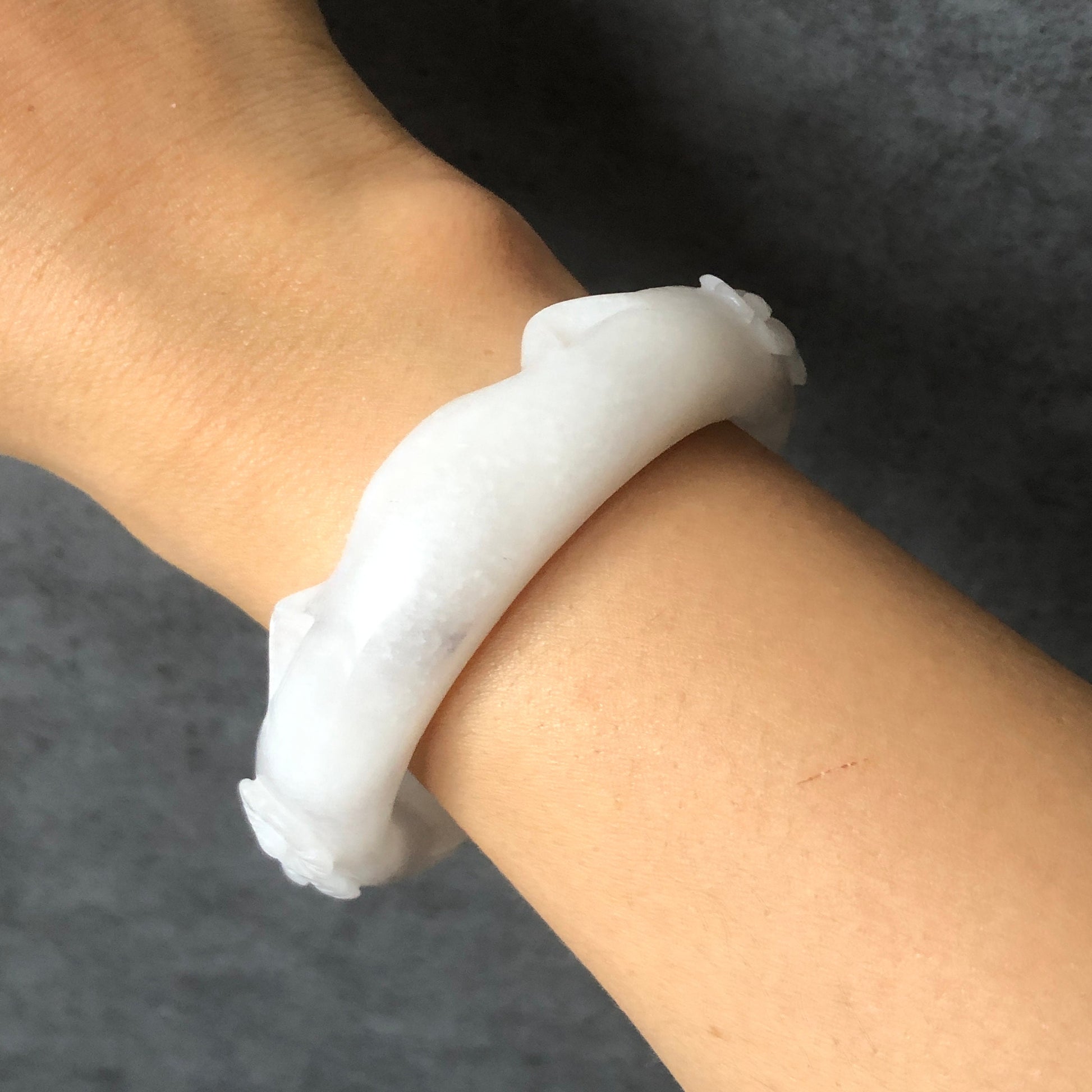 57mm Custom Size Natural SheTaiCui Jade (Quartzite) Hand Carved Cat Kitten Ear with Paw Bangle | Icy White Grey | Crystal Bracelet