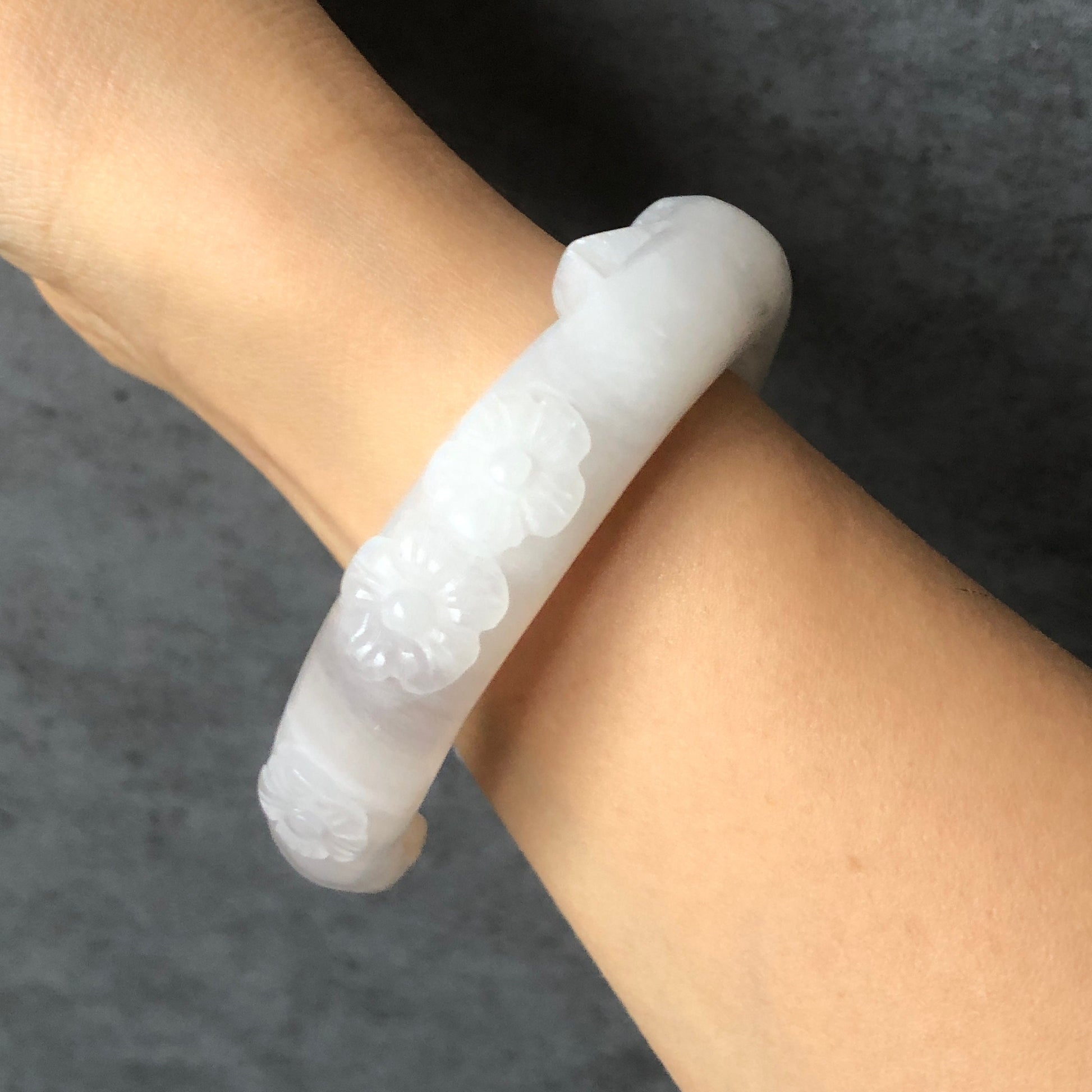 57mm Custom Size Natural SheTaiCui Jade (Quartzite) Hand Carved Cat Kitten Ear with Paw Bangle | Icy White Grey | Crystal Bracelet