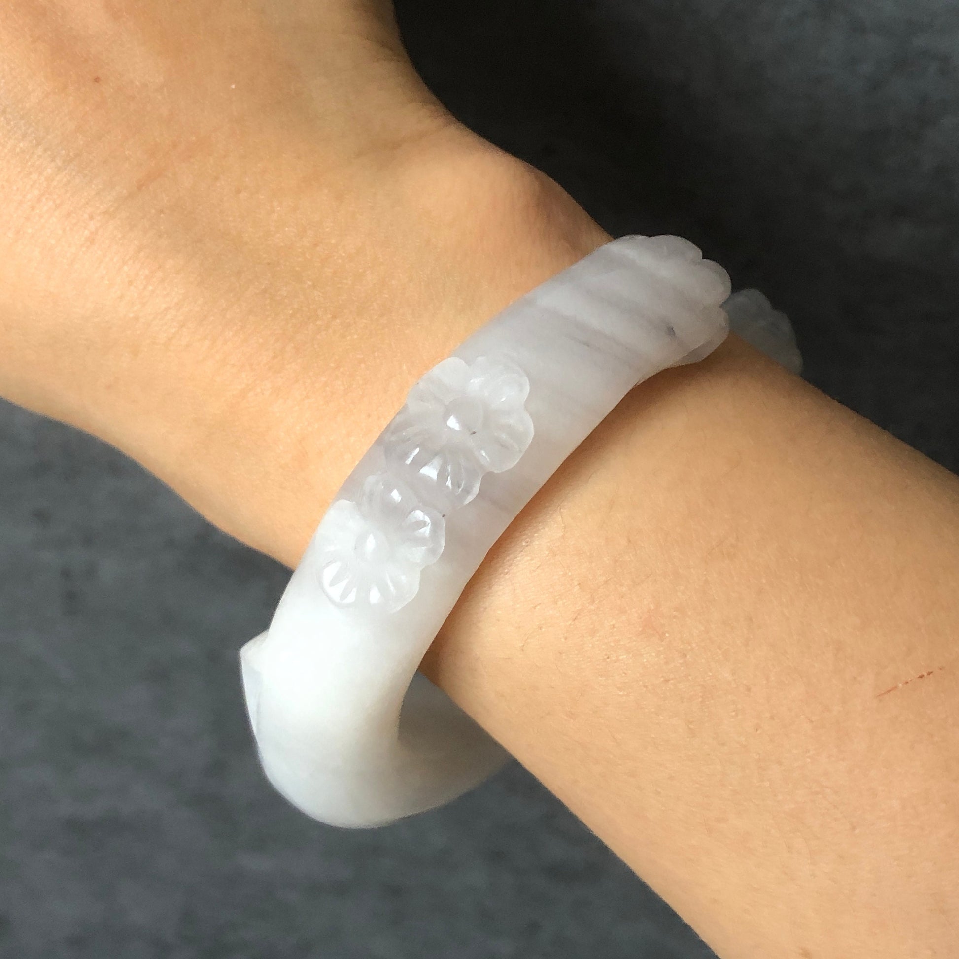 57mm Custom Size Natural SheTaiCui Jade (Quartzite) Hand Carved Cat Kitten Ear with Paw Bangle | Icy White Grey | Crystal Bracelet