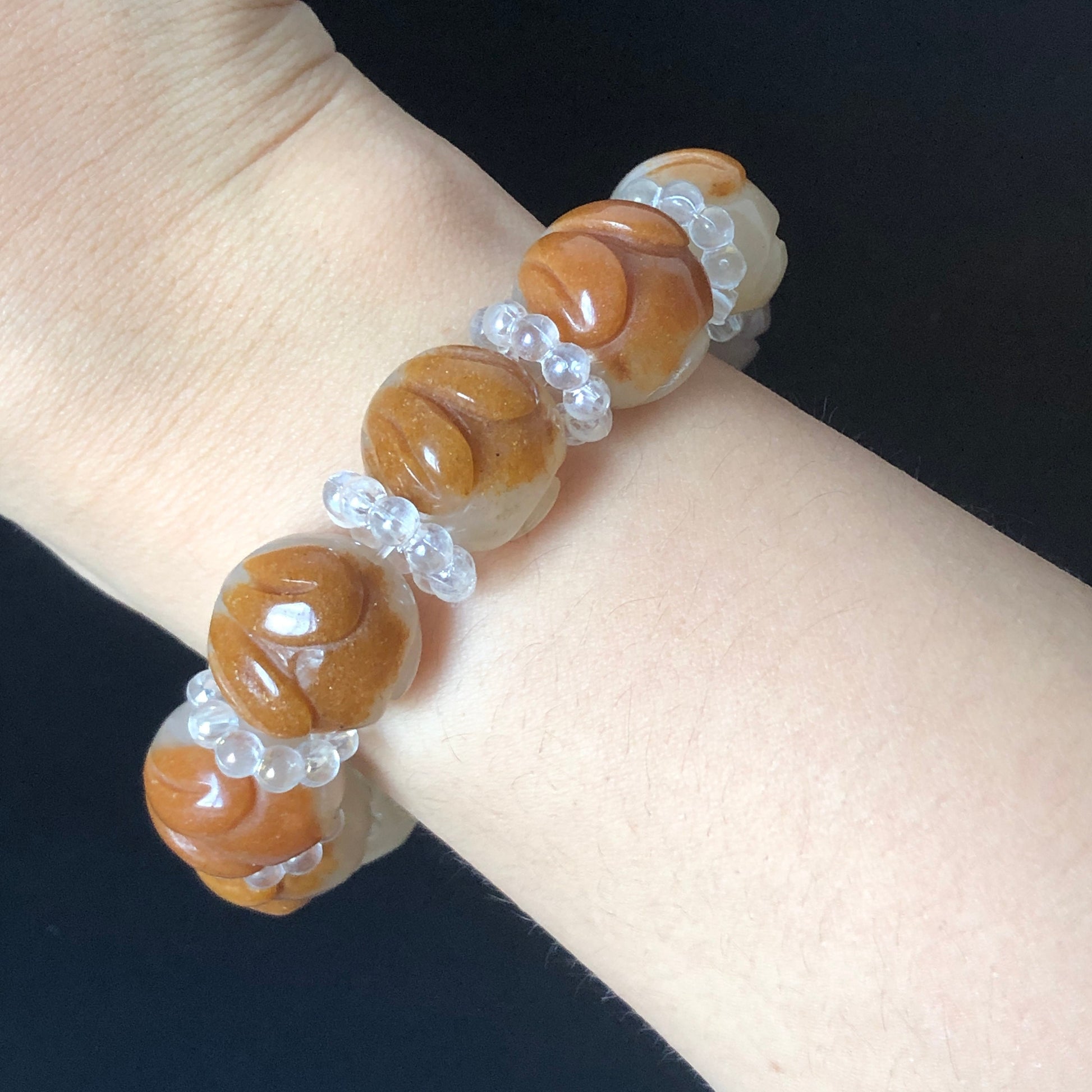 Natural SheTaiCui Jade (Quartzite) Carved Caramel Brown White Rabbit Bunny Bracelet | Crystal Gemstone Charms | Roasted Candy | Personalized