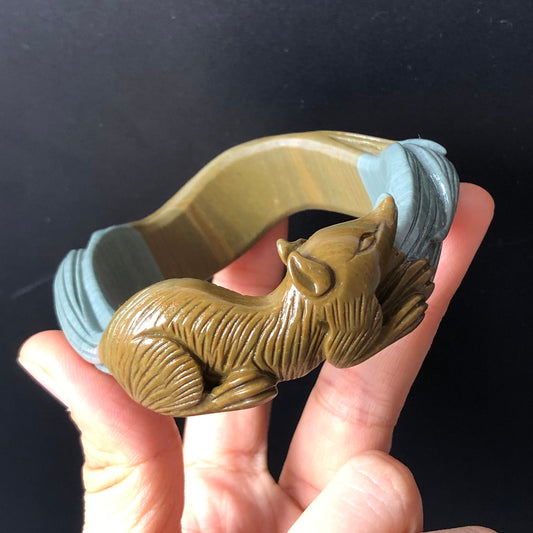 56.3mm Natural Hand Carved Ni Shi Jade Nine-tailed Fox Bangle | Greenish Blue, Mustard Brown | Argillaceous Rocks | Crystal Gemstone