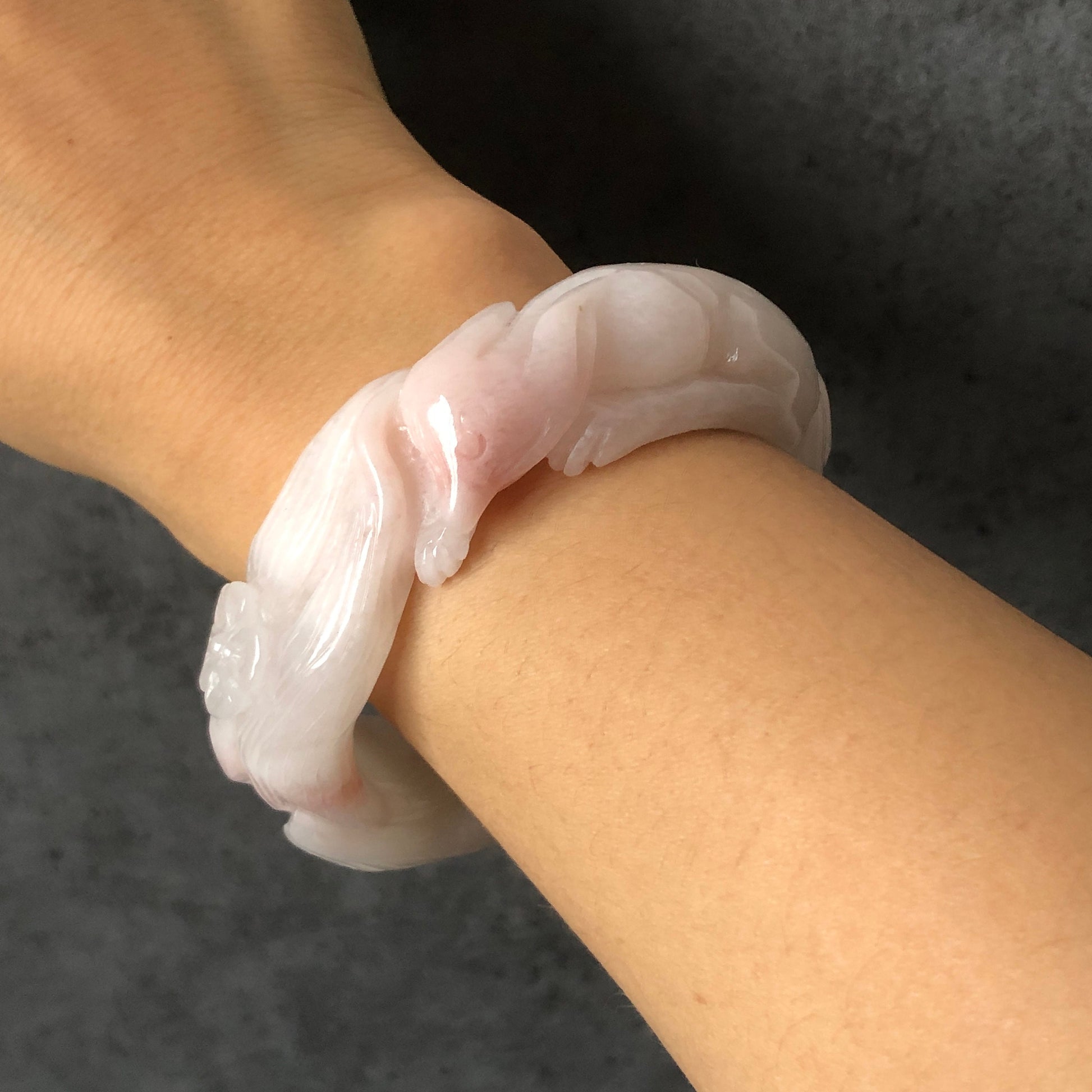 58.1mm Natural SheTaiCui Jade (Quartzite) Hand Carved Nine-tailed Fox Flower Bangle | Icy Milky White Pink | Romantic Elegant | Crystal