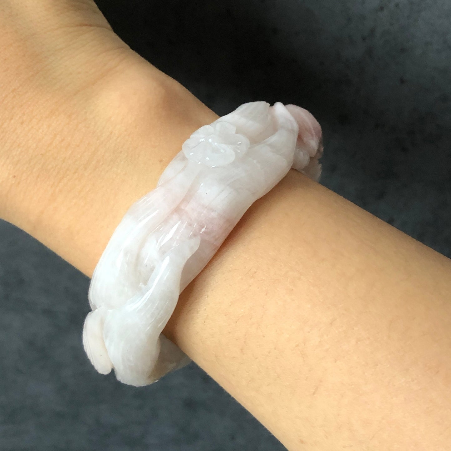 58.1mm Natural SheTaiCui Jade (Quartzite) Hand Carved Nine-tailed Fox Flower Bangle | Icy Milky White Pink | Romantic Elegant | Crystal