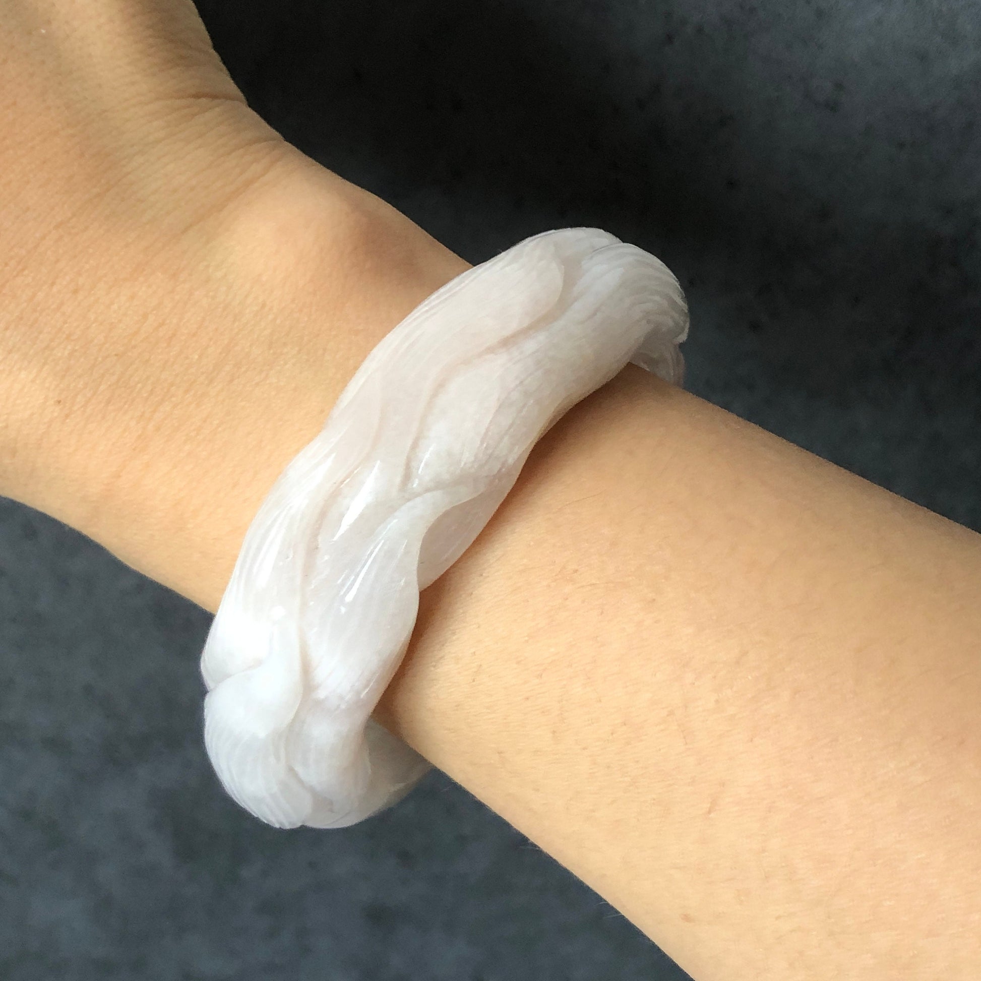 58.1mm Natural SheTaiCui Jade (Quartzite) Hand Carved Nine-tailed Fox Flower Bangle | Icy Milky White Pink | Romantic Elegant | Crystal