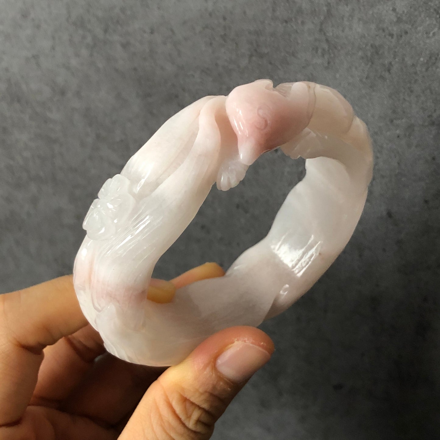 58.1mm Natural SheTaiCui Jade (Quartzite) Hand Carved Nine-tailed Fox Flower Bangle | Icy Milky White Pink | Romantic Elegant | Crystal