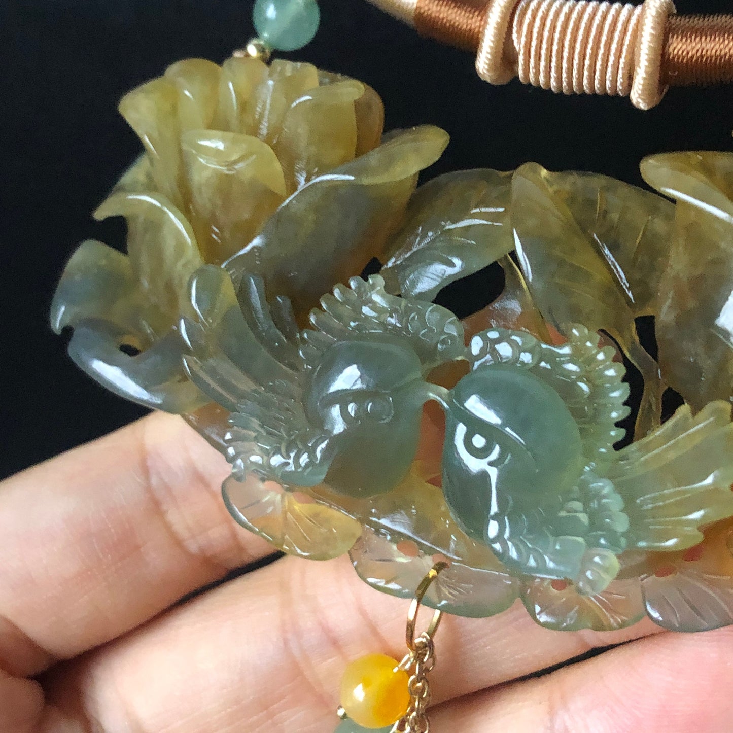 Natural Xiu Jade (Serpentine) Hand Carved Magpie Birds and Rose Flower Pendant Necklace | Icy Green Yellow | Fortune & Happiness | Crystal