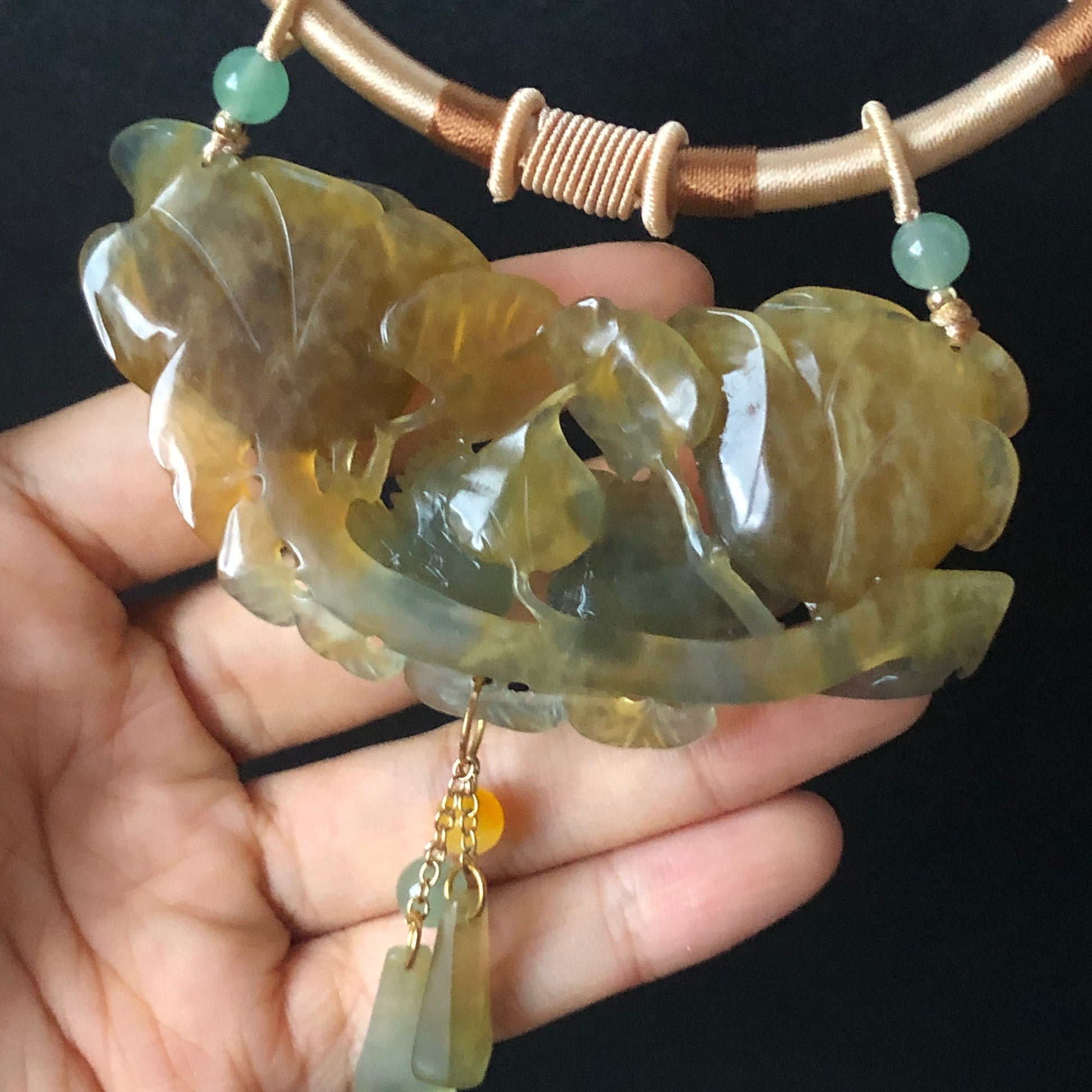 Natural Xiu Jade (Serpentine) Hand Carved Magpie Birds and Rose Flower Pendant Necklace | Icy Green Yellow | Fortune & Happiness | Crystal