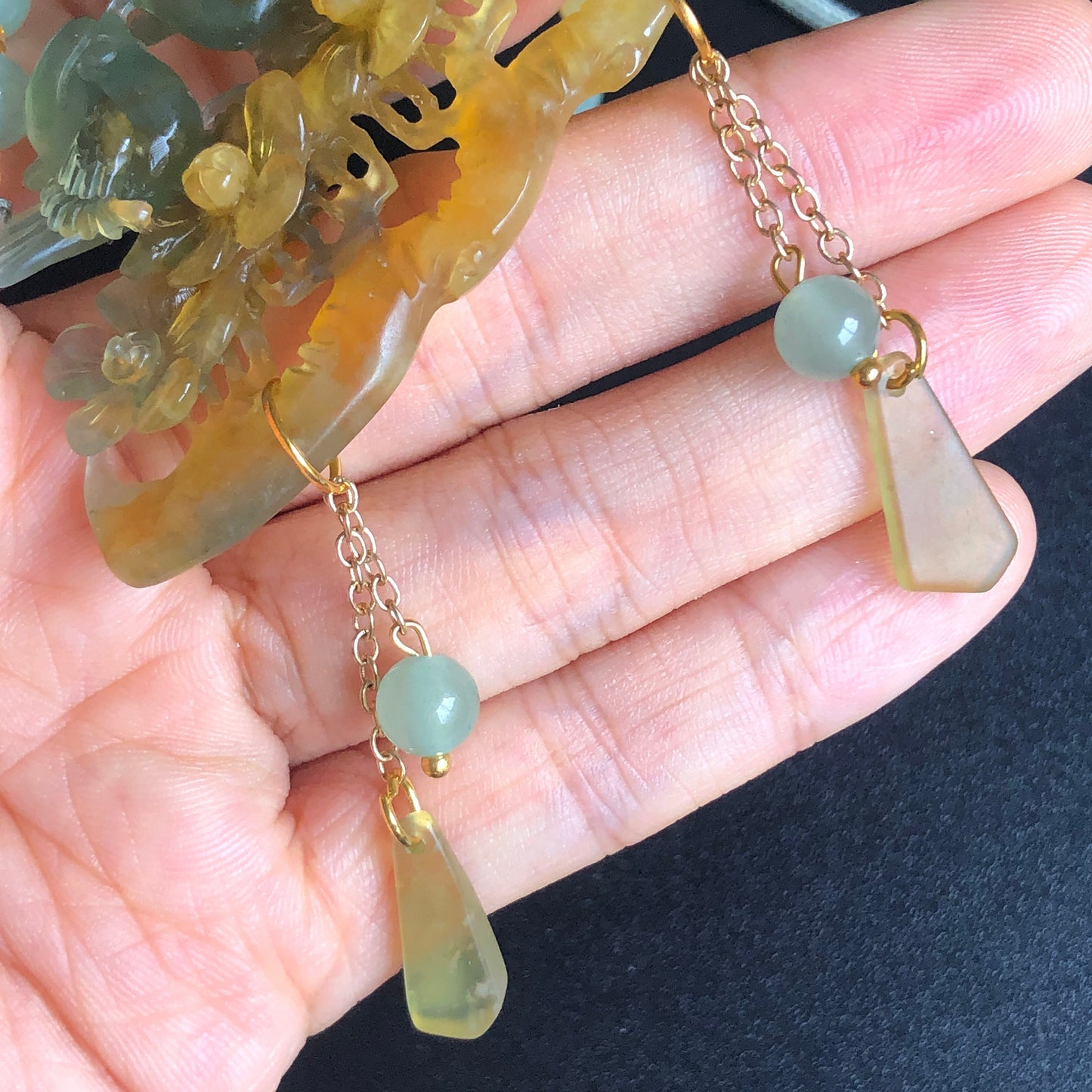 Natural Xiu Jade ( Serpentine ) Hand Carved Magpie Birds and Flower Pendant Adjustable Necklace Choker | Icy Yellow Green | Good Luck Charm