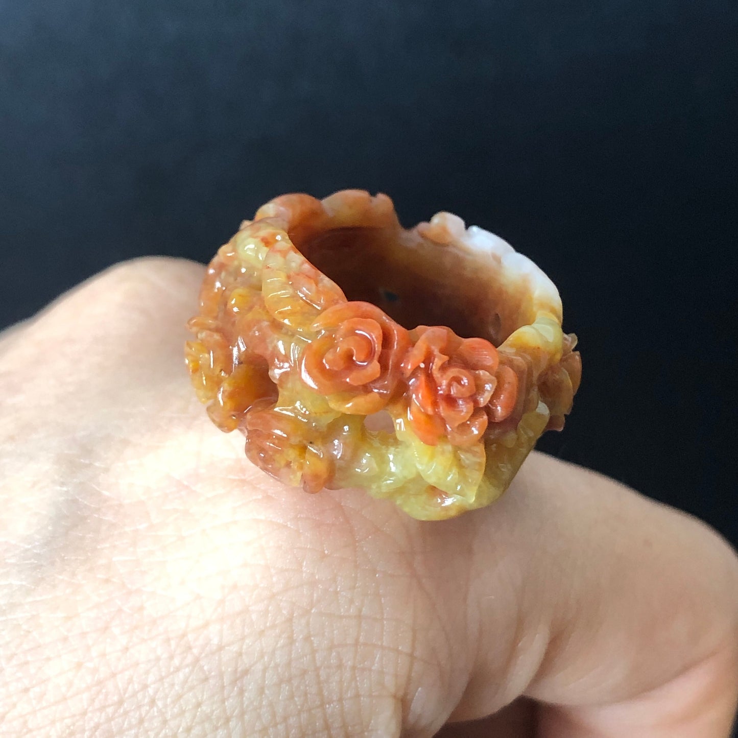 Natural Serpentine Xiu Jade Hand Craved Rose Flowers Stone Crystal Ring | Multi-colour Red Pink Yellow Orange | 16.3mm (US 5.5-6)