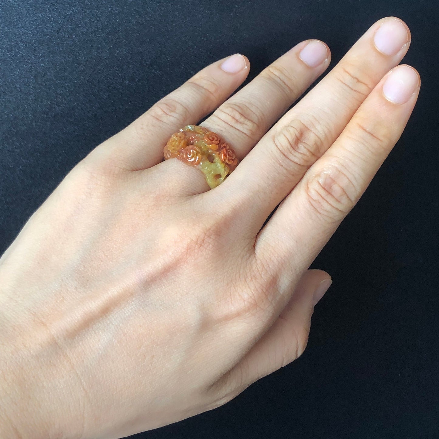 Natural Serpentine Xiu Jade Hand Craved Rose Flowers Stone Crystal Ring | Multi-colour Red Pink Yellow Orange | 16.3mm (US 5.5-6)