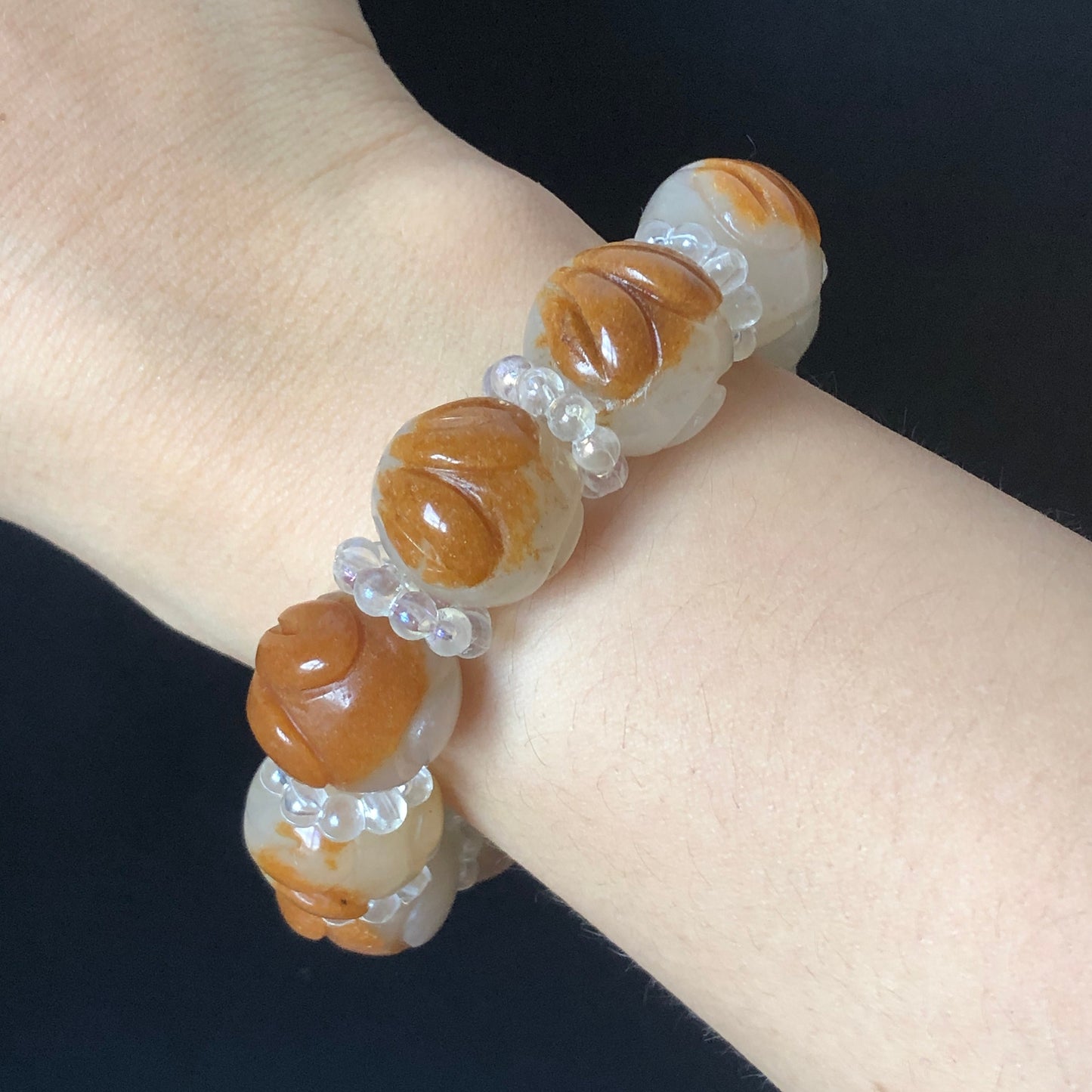 Natural SheTaiCui Jade (Quartzite) Carved Caramel Brown White Rabbit Bunny Bracelet | Crystal Gemstone Charms | Roasted Candy | Personalized