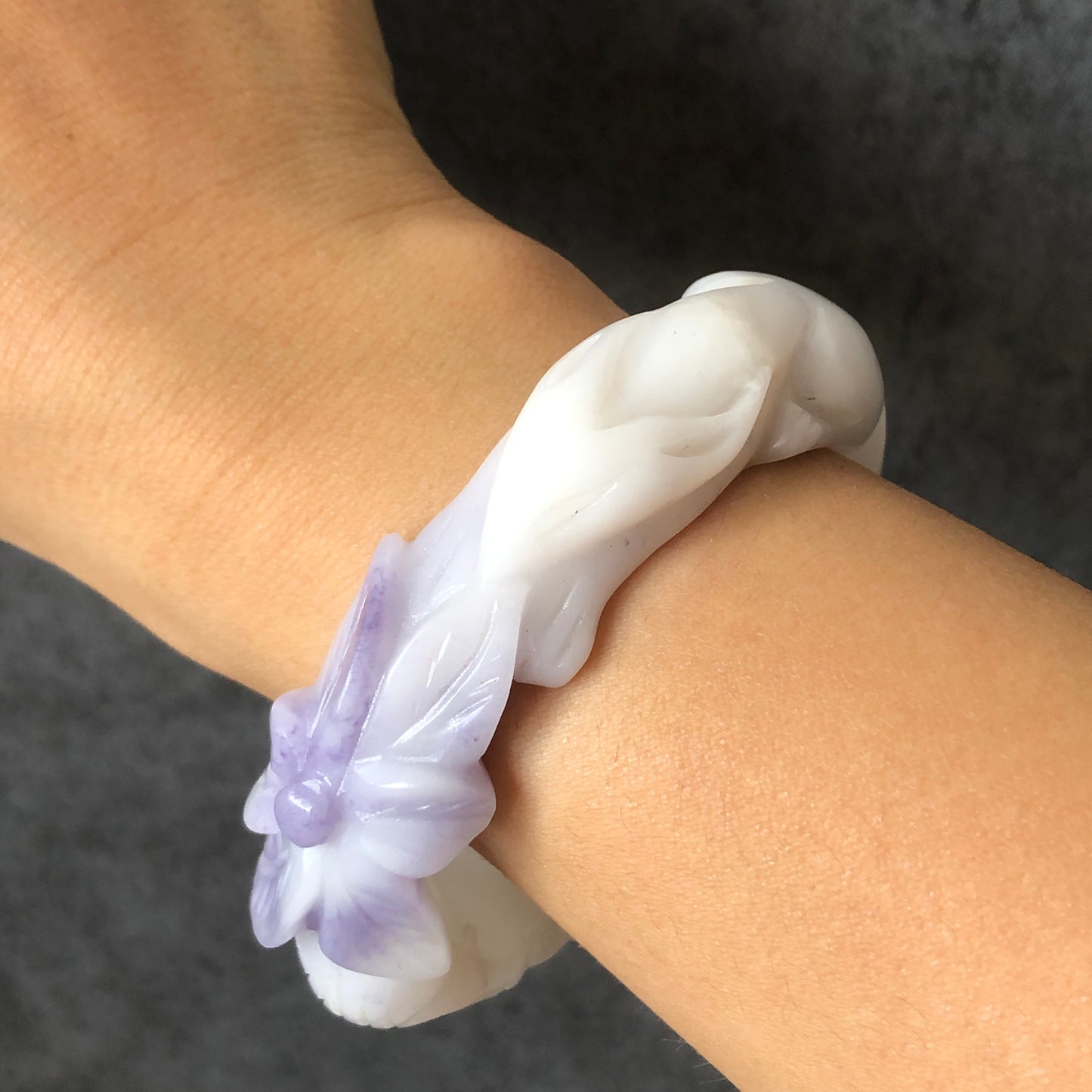 59.8mm Custom Size Natural SheTaiCui Jade (Quartzite) Hand Carved Red Nine-tailed Fox flower Bangle | Purple and White| Crystal Gemstone