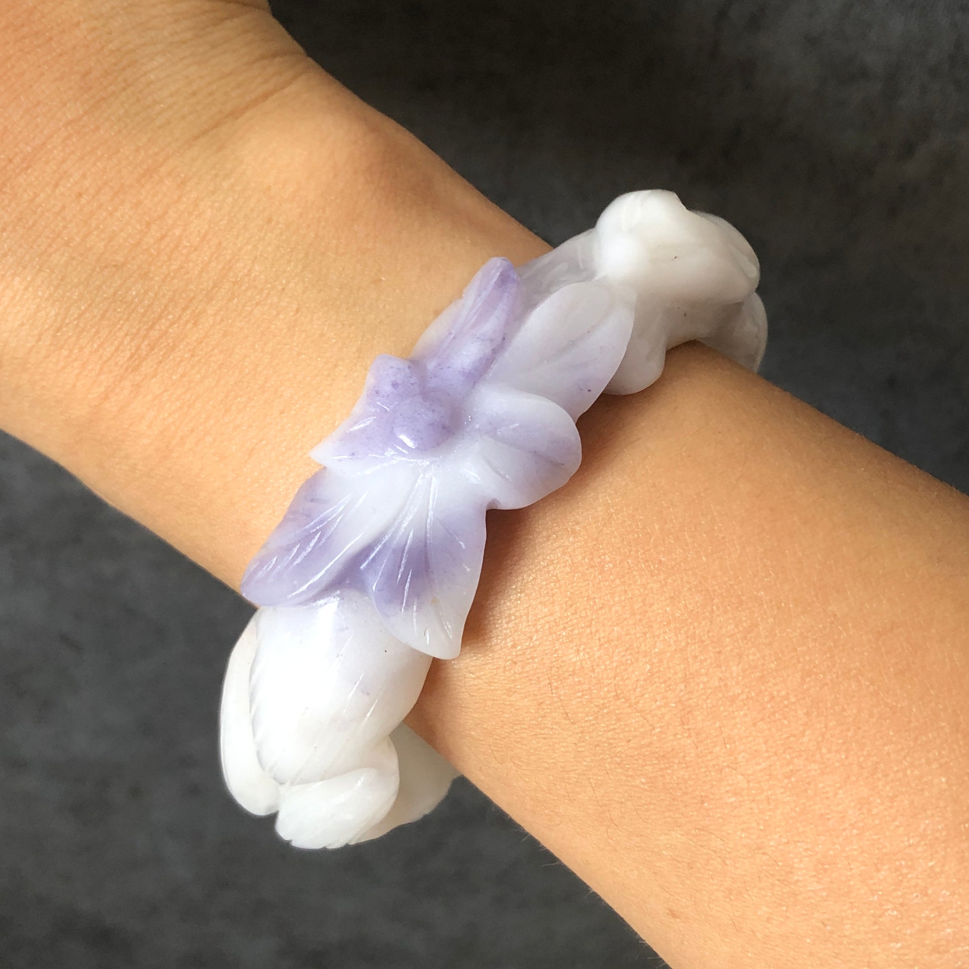 59.8mm Custom Size Natural SheTaiCui Jade (Quartzite) Hand Carved Red Nine-tailed Fox flower Bangle | Purple and White| Crystal Gemstone