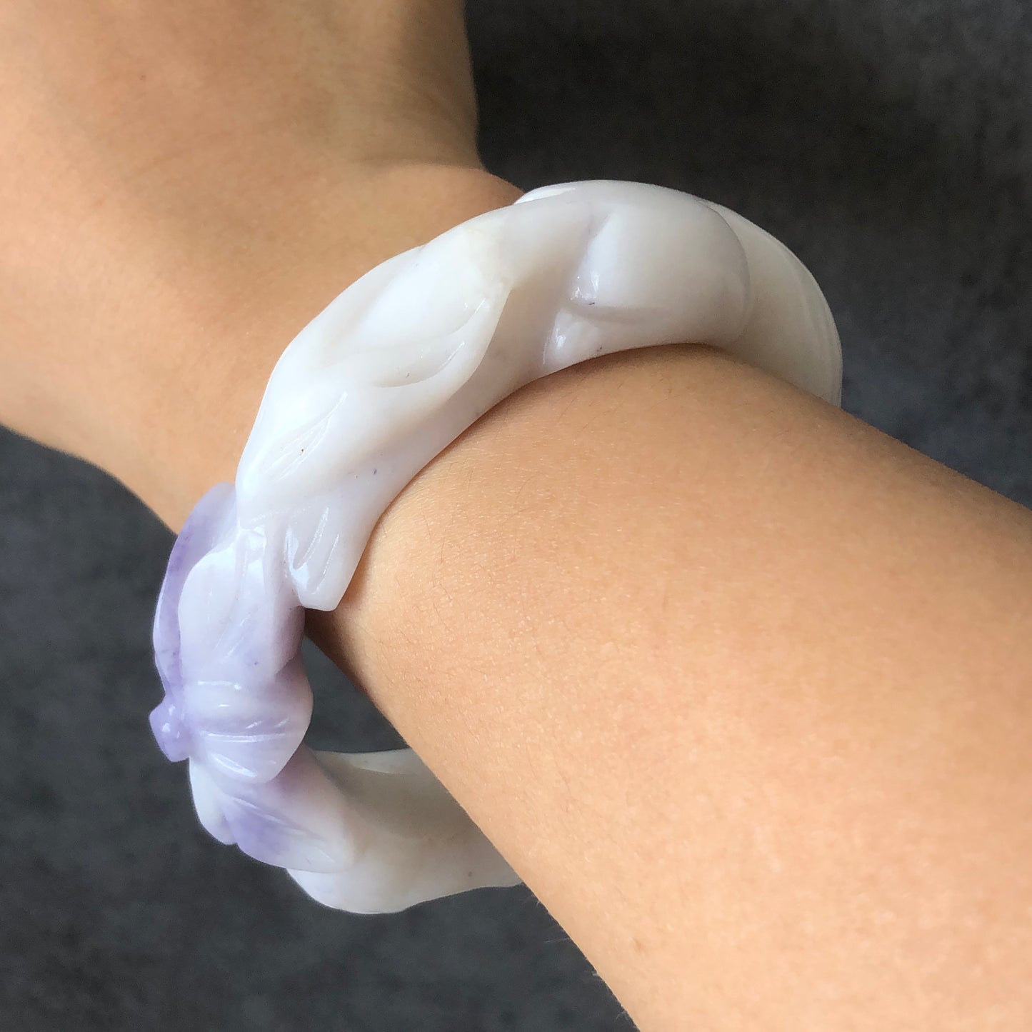 59.8mm Custom Size Natural SheTaiCui Jade (Quartzite) Hand Carved Red Nine-tailed Fox flower Bangle | Purple and White| Crystal Gemstone