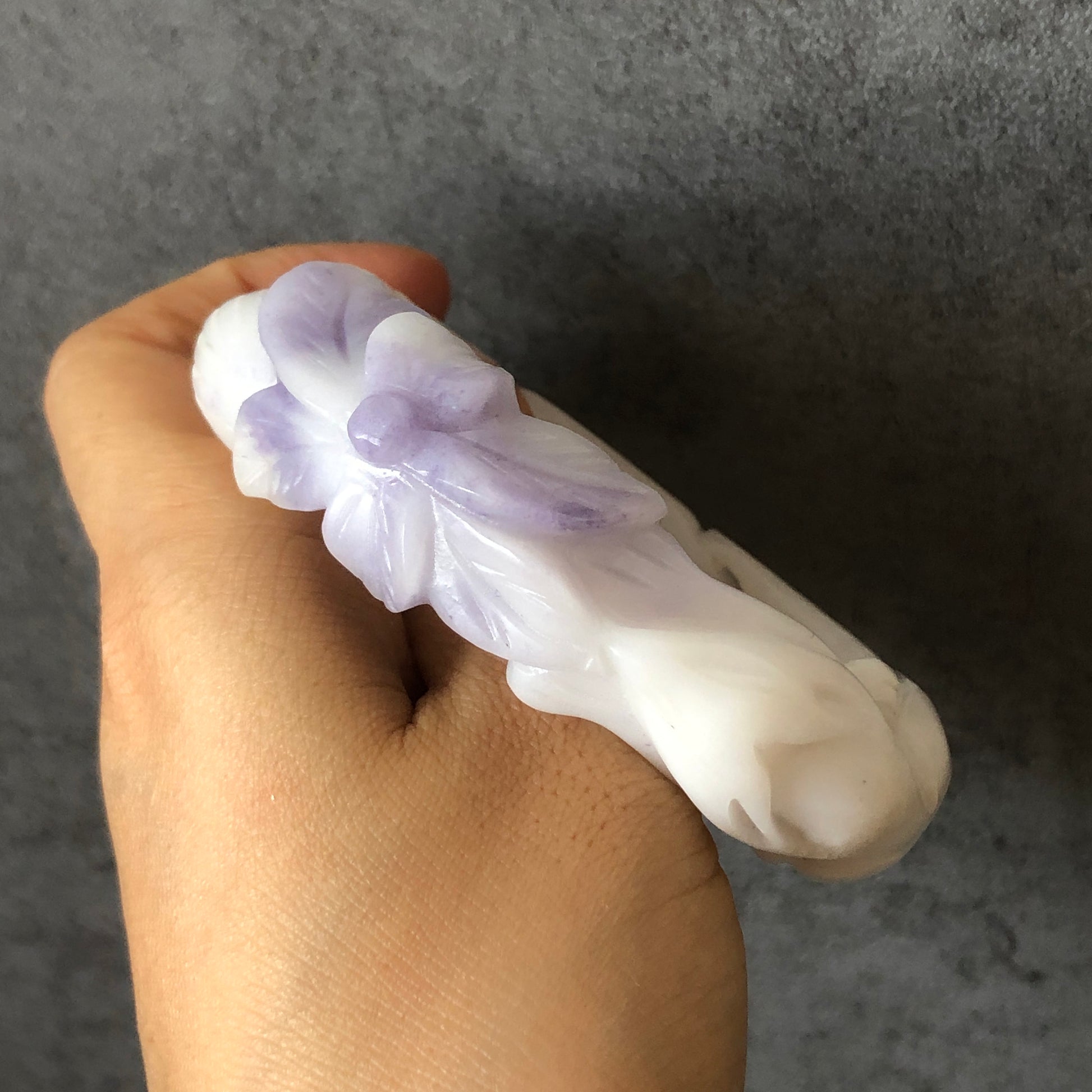 59.8mm Custom Size Natural SheTaiCui Jade (Quartzite) Hand Carved Red Nine-tailed Fox flower Bangle | Purple and White| Crystal Gemstone